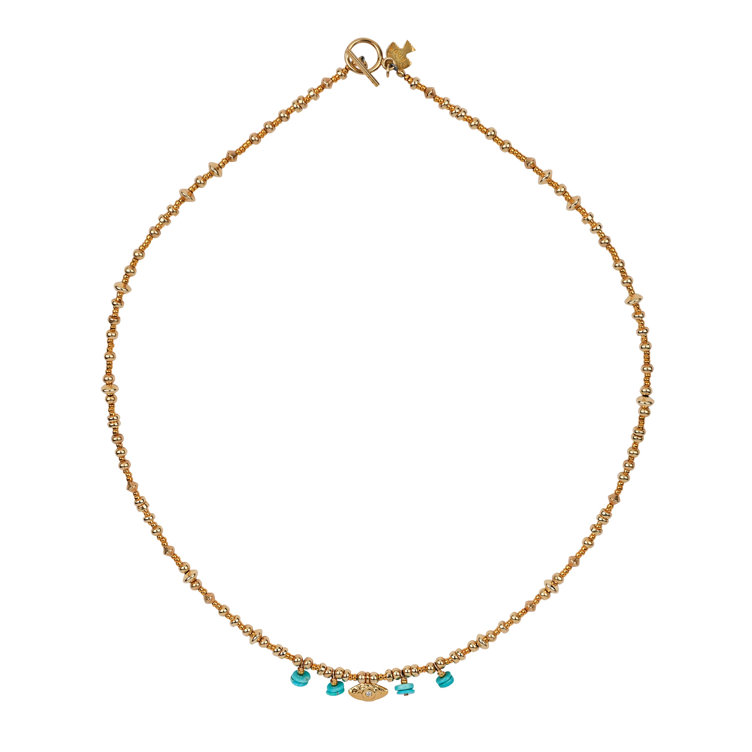 A beaded necklace strung with 14k Gold Plate beading and adorned with a small Evil Eye pendant accompanied by charms of Turquoise.