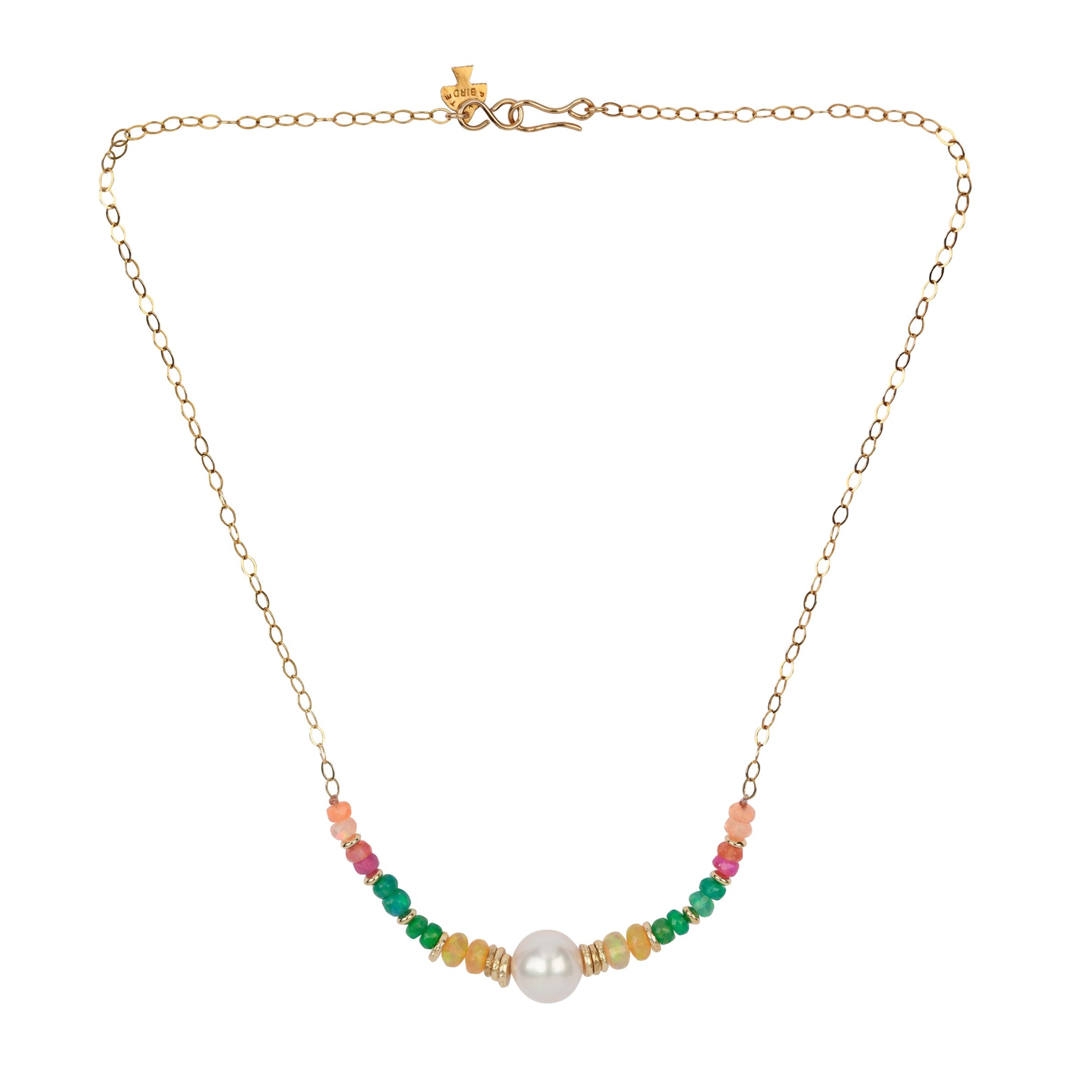 A chain and beaded necklace, the Sun Smitten Necklace is a sweet chain necklace featuring a medley of Pink, Green, and Yellow Ethiopian Opals and a large white Pearl as the centerpiece.
