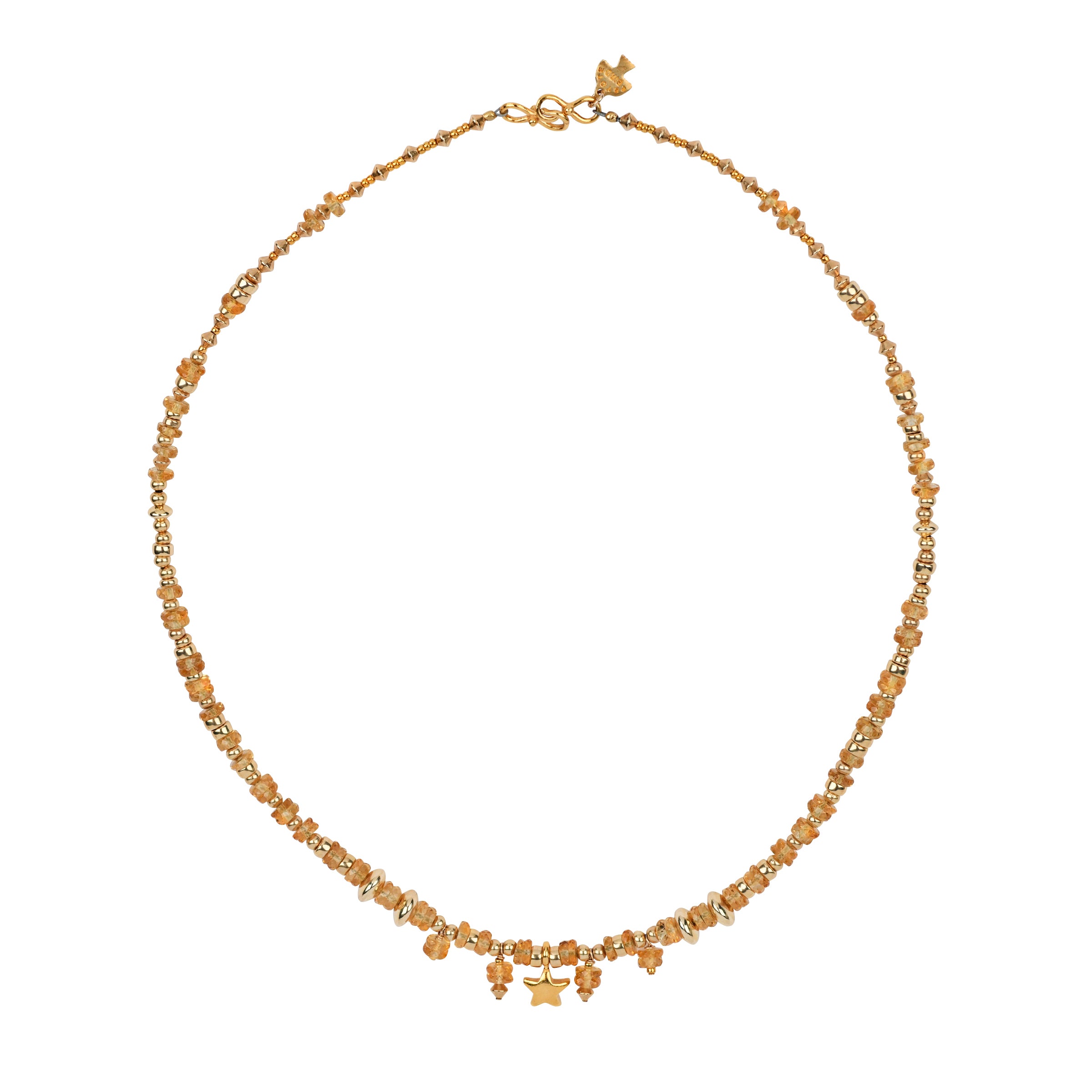 A beaded necklace strung with 14k Gold Plate beading and faceted Citrine with a small star pendant