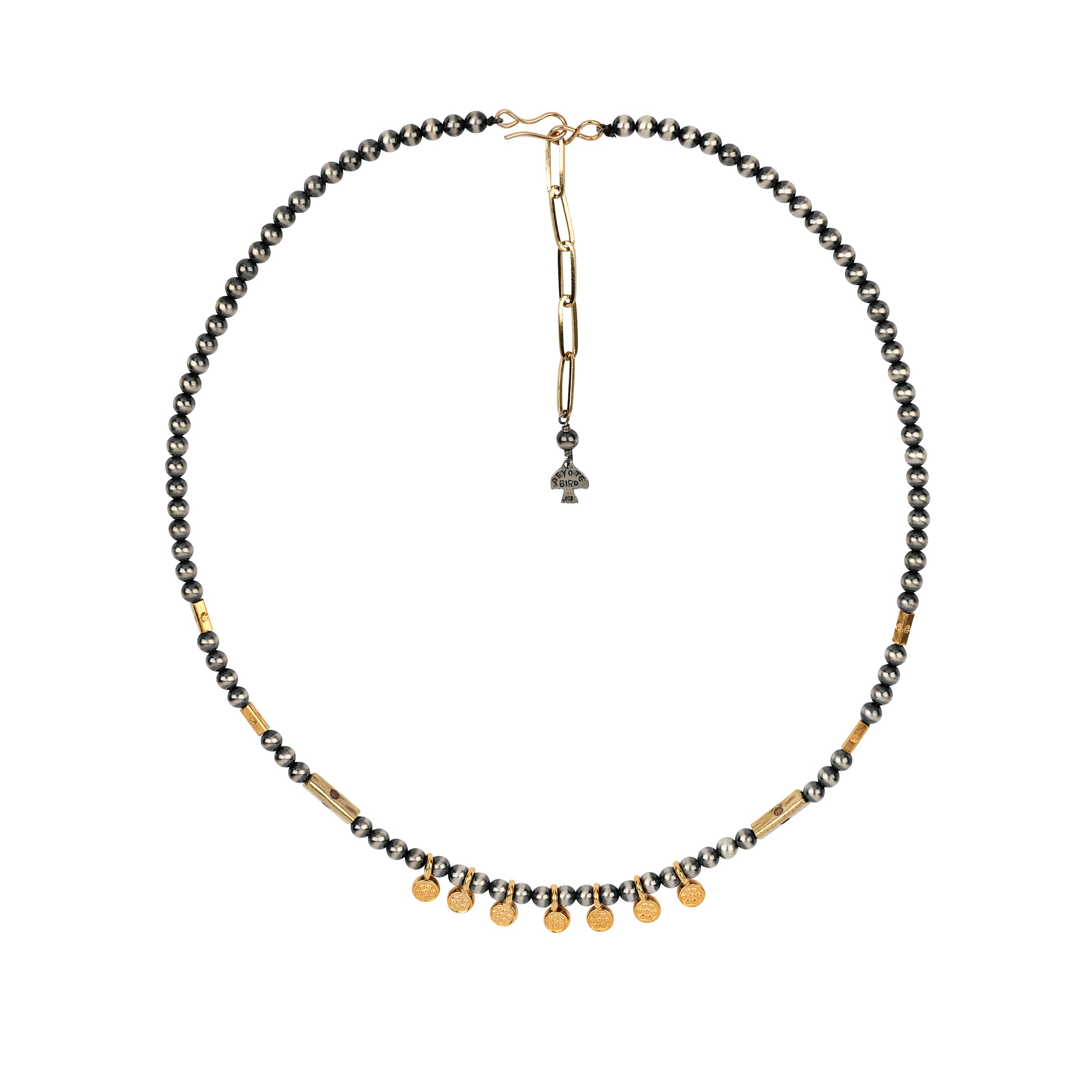 A beaded necklace strung with Desert Pearls, 14k Gold Plate stamped Thai beading, and featuring 7 small coins. 