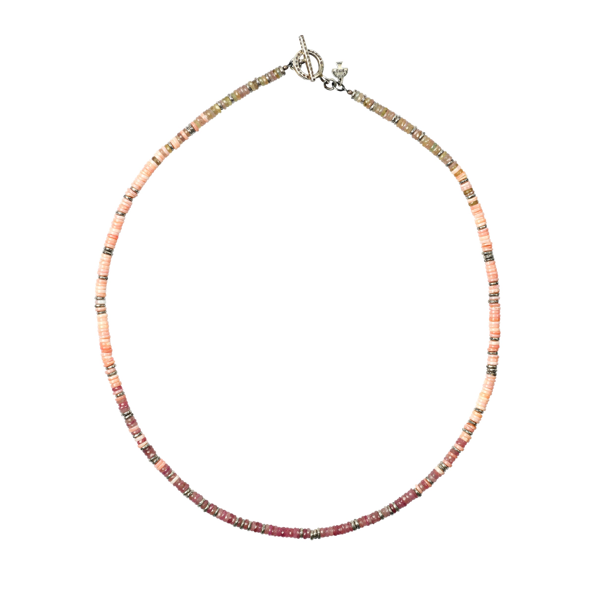 Beaded necklace comprised of sterling silver, pink sapphire and pink shell