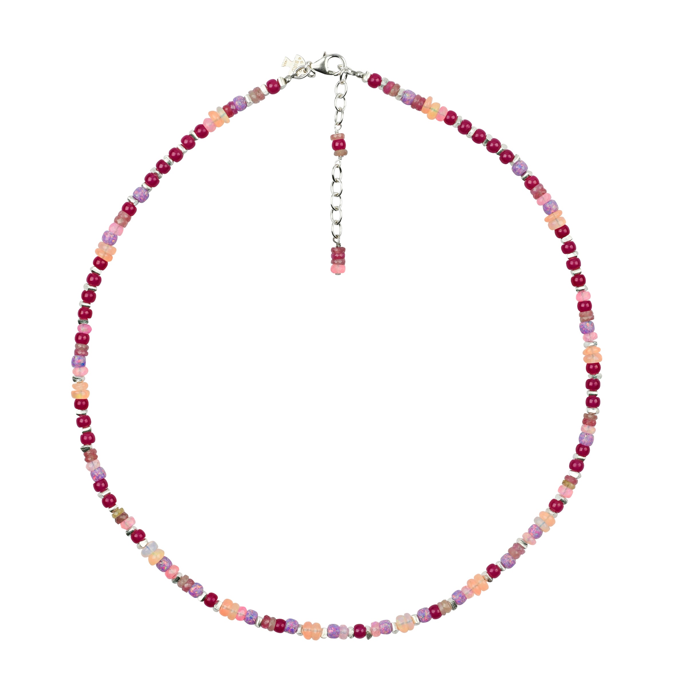 A beaded necklace comprised of sterling Silver, ruby, Ethiopian opal, pink sapphire, opal