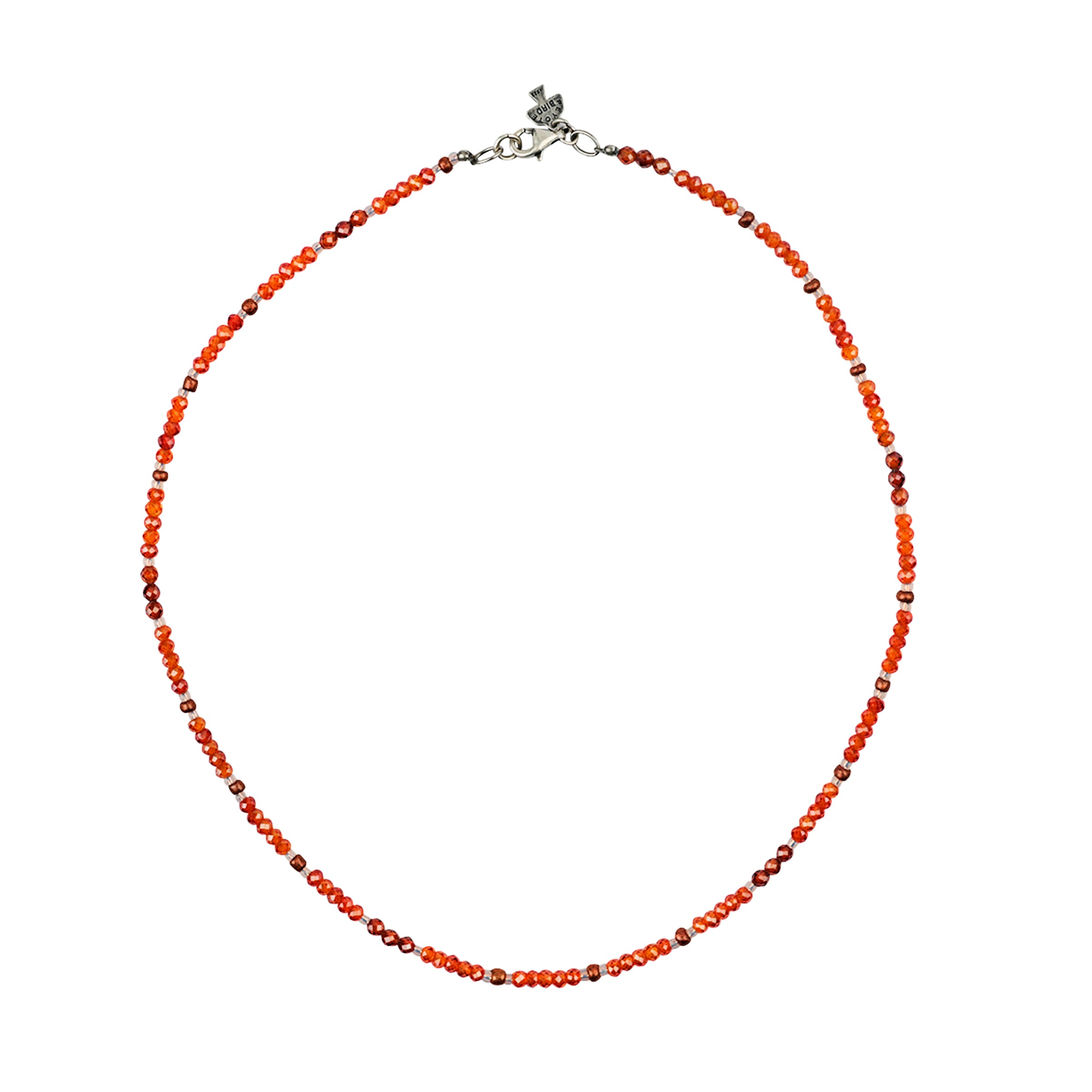 Beaded neckalce in orange tone beads with sterling silver clasp. 