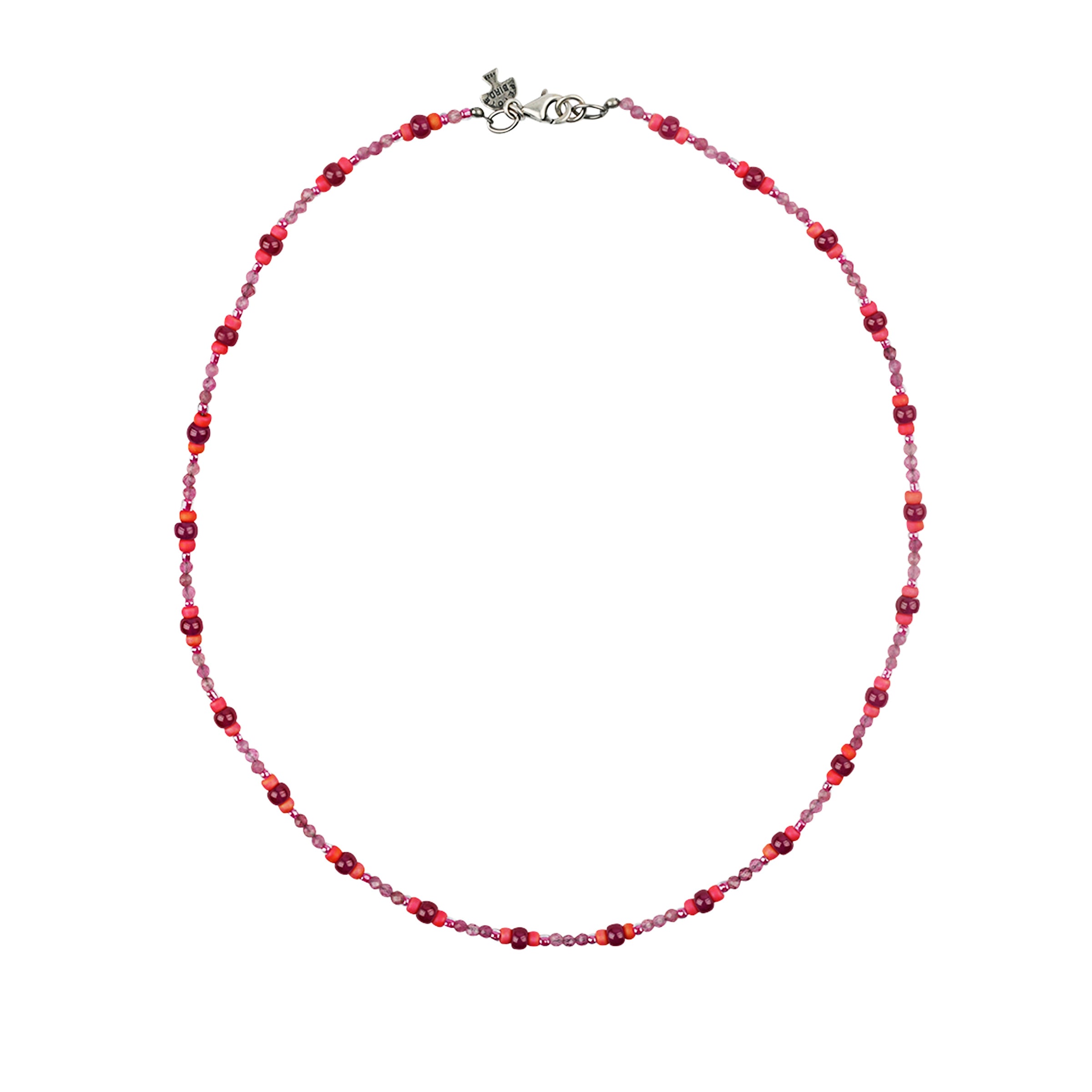 Beaded necklace in pinks and ruby's with sterling silver lobster claw closure. 