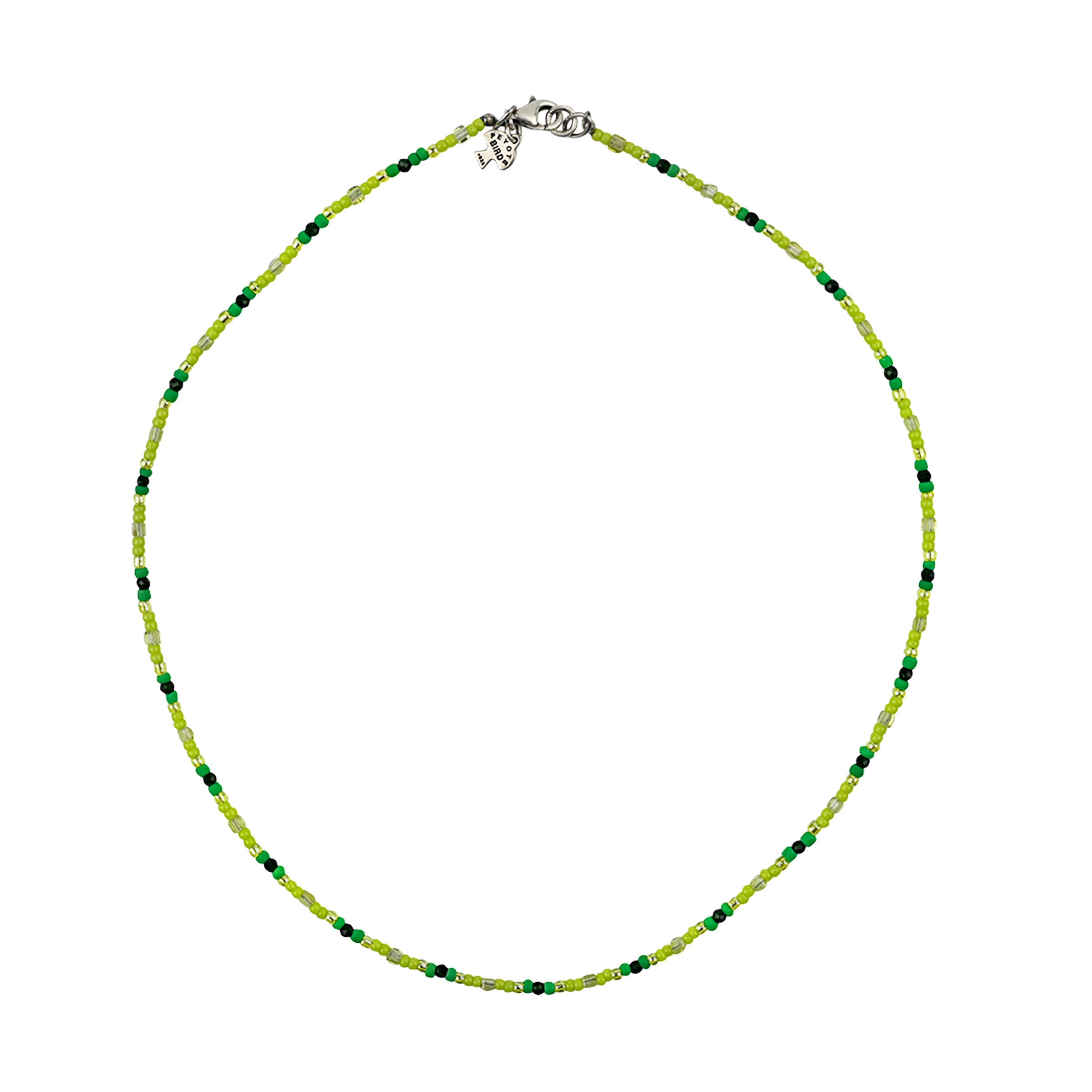 Beaded green toned bead necklace with sterling silver lobster claw. 