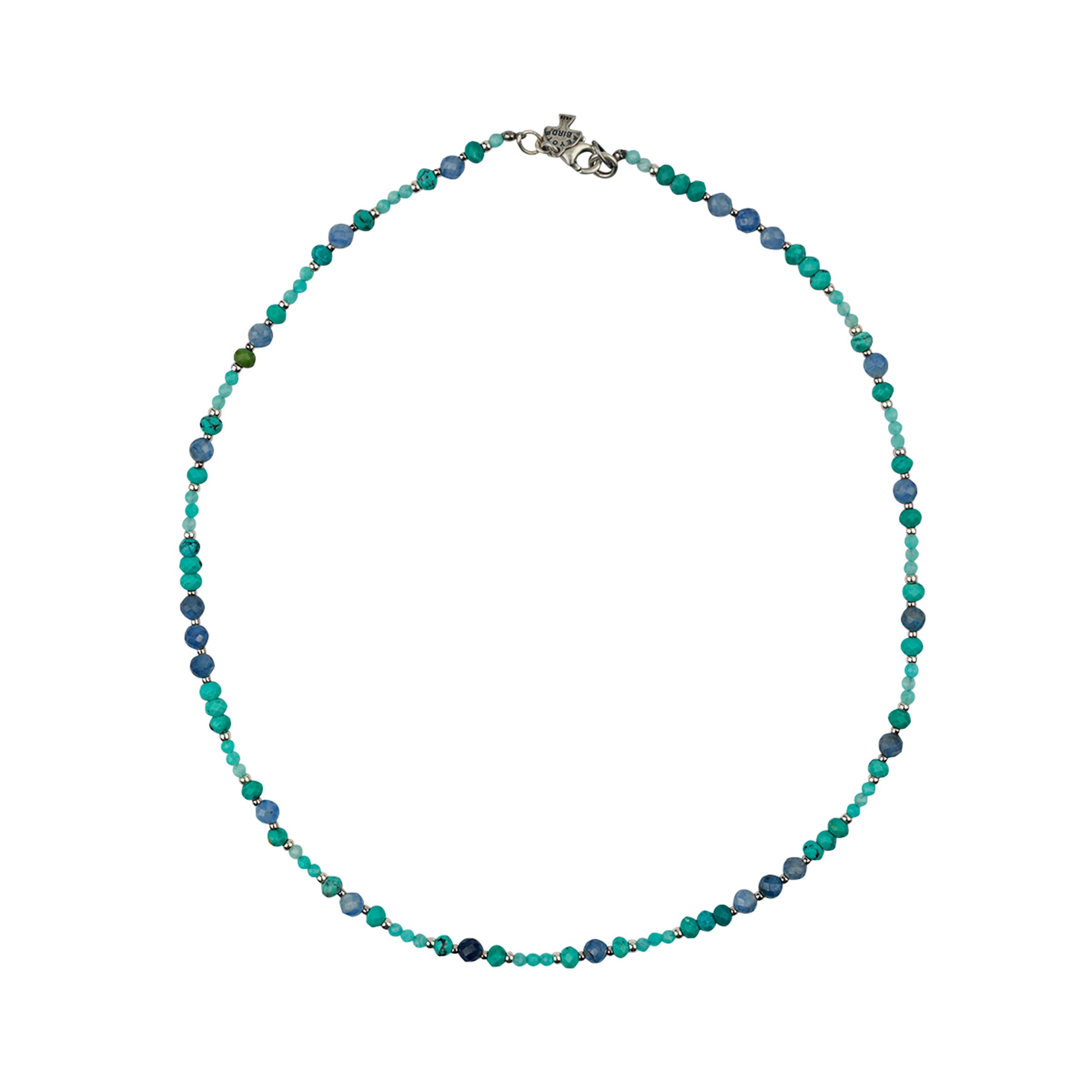 Beaded necklace in turquoise and blue hues with sterlign silver lobster claw. 