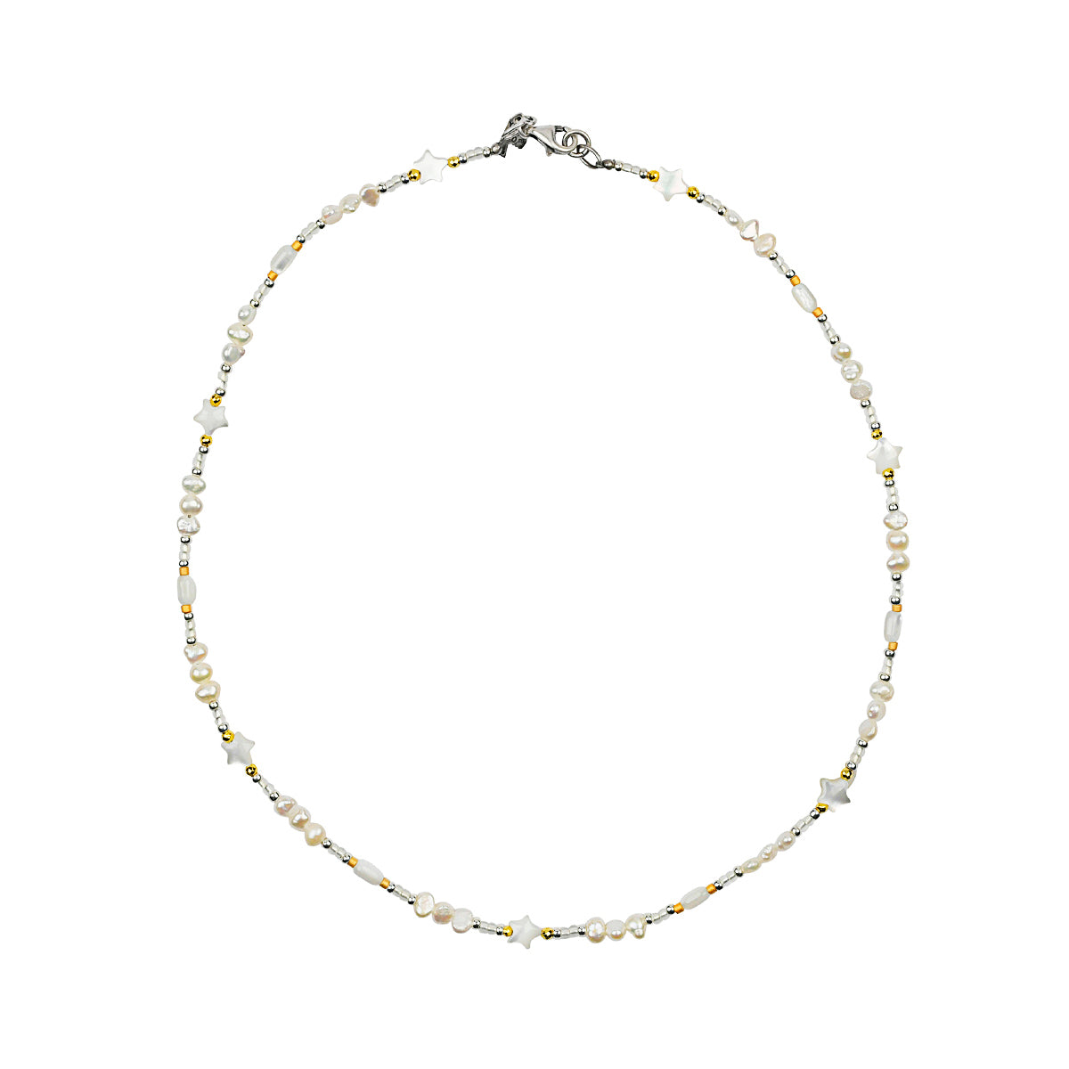 Beaded necklace in white with pops of gold and star shaped beads and sterling silver lobster claw clasp. 