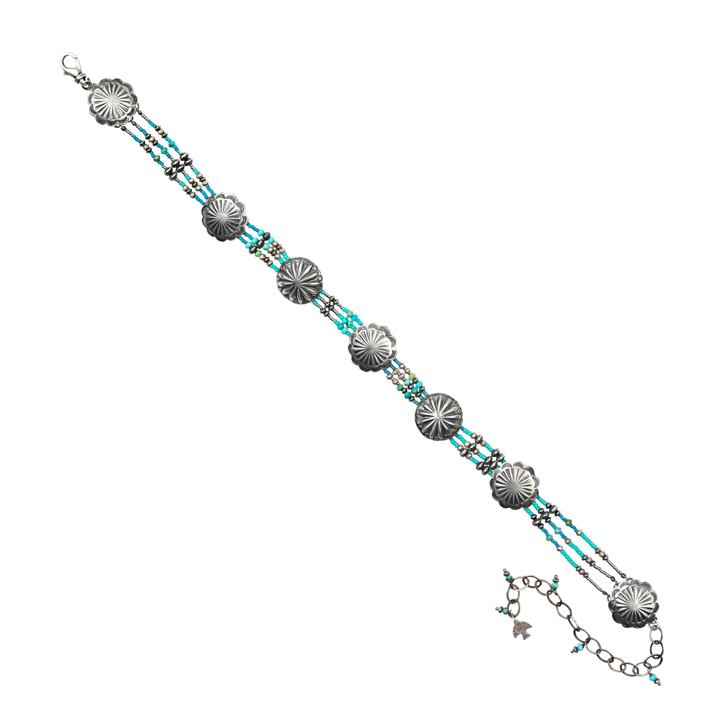 A Peyote Bird Original Necklace made with Blue Green Turquoise, Sterling Silver Conchos, Desert Pearl Saucers, and Sterling Silver Thai Beading. Can be worn as a choker or as a longer necklace.