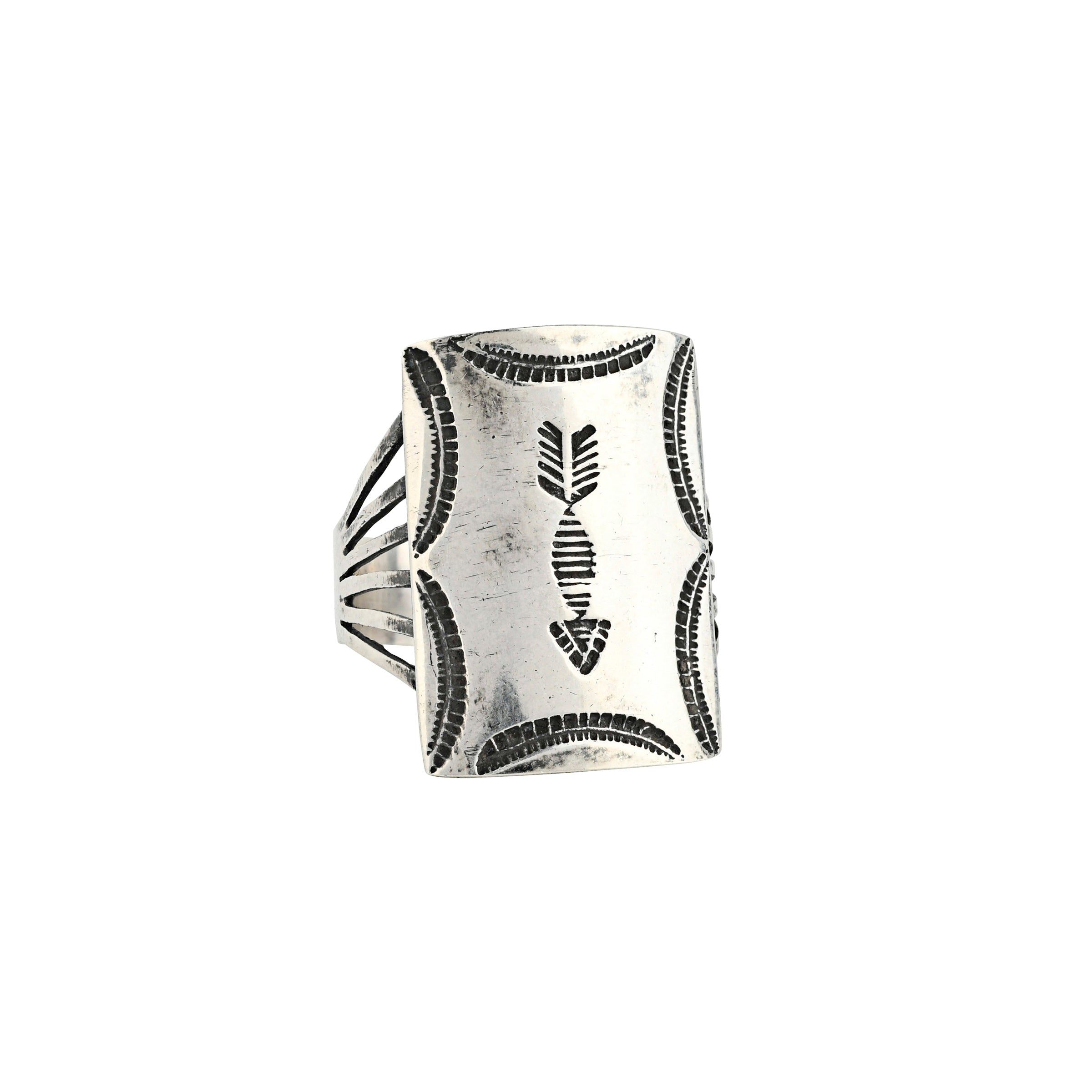 Sterling silver shield ring with leaf design on the border and a stamped arrow in the center.