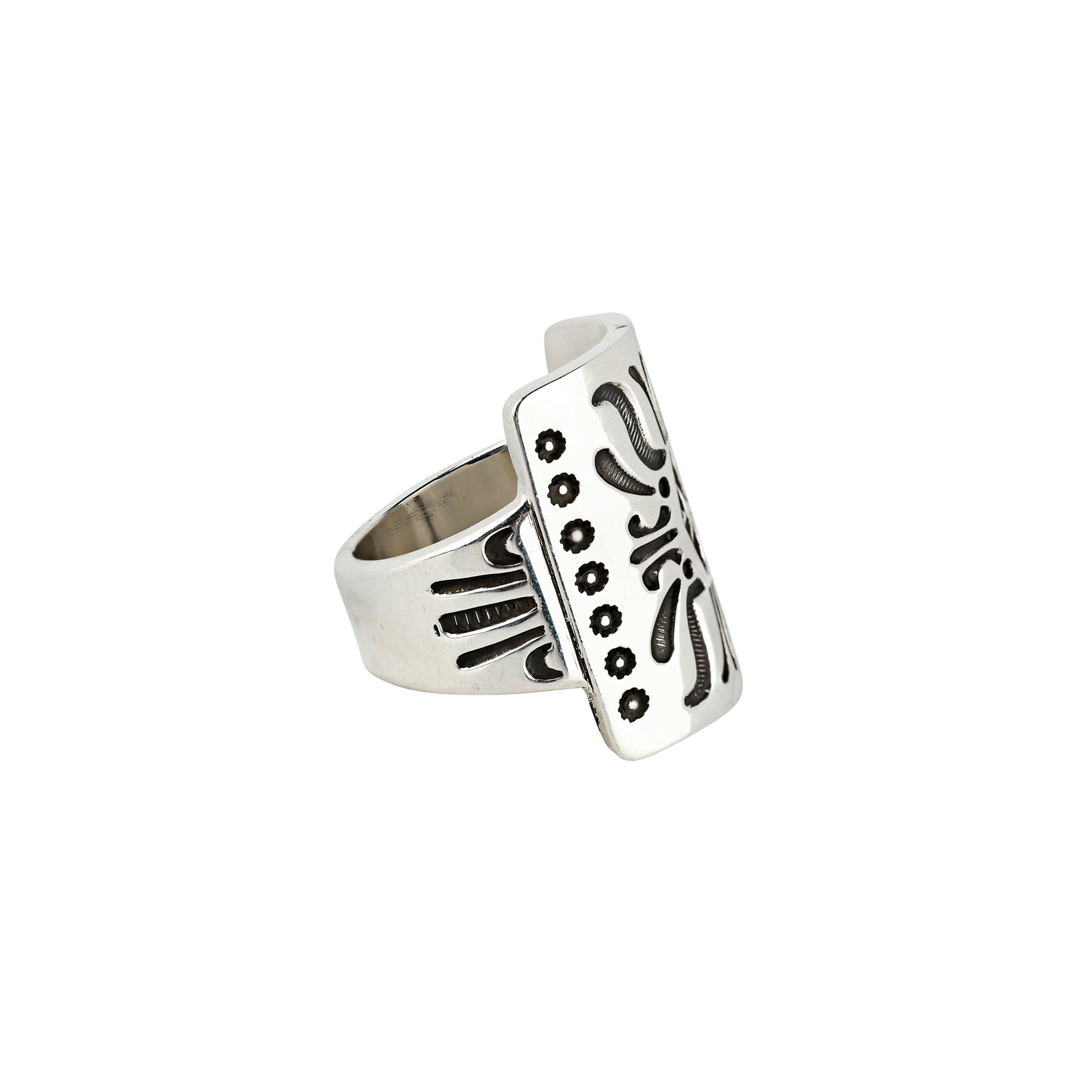 Sterling Silver stamped shield ring handcrafted by Jennifer Curtis 