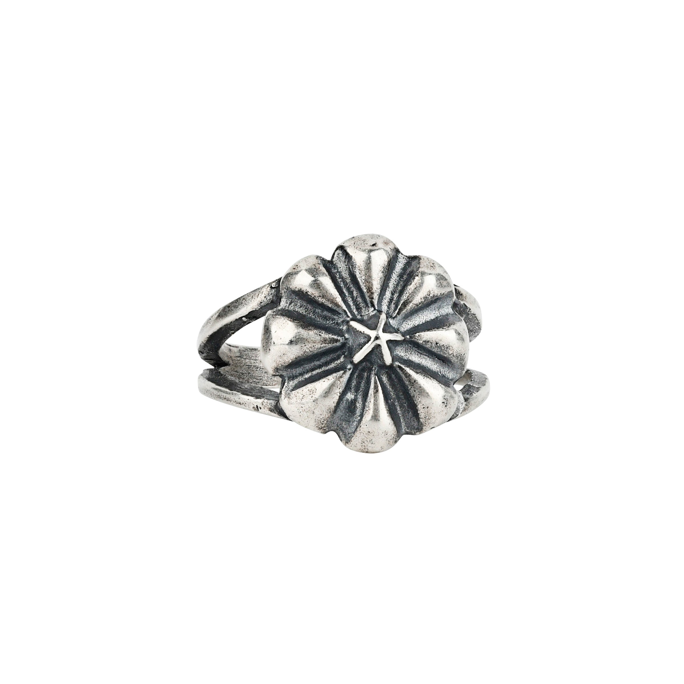 sterling silver ring with floral design on top with a stud
