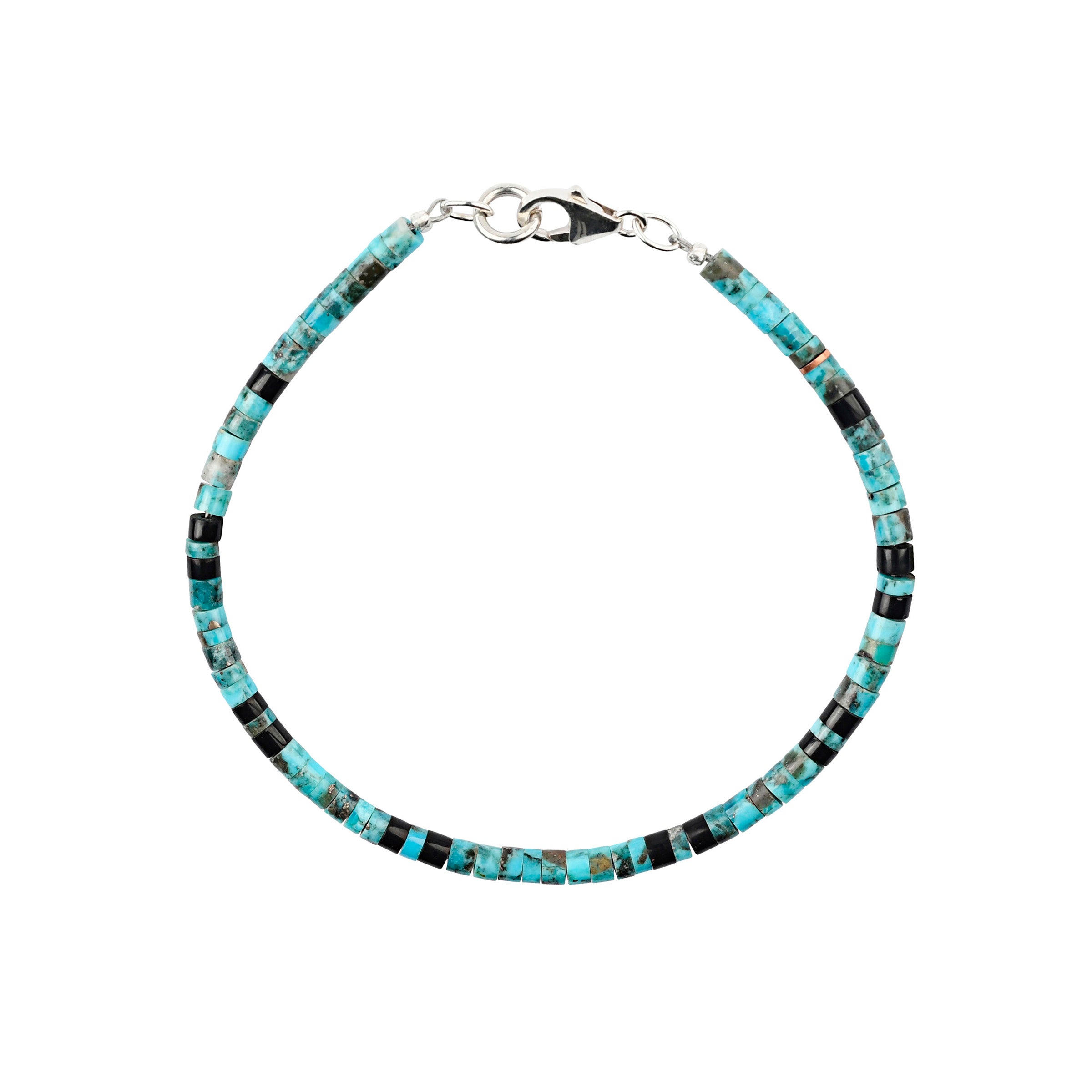 Calabaza Western Skies bracelet is hand-cut reishi beads compried of turquoise and jet