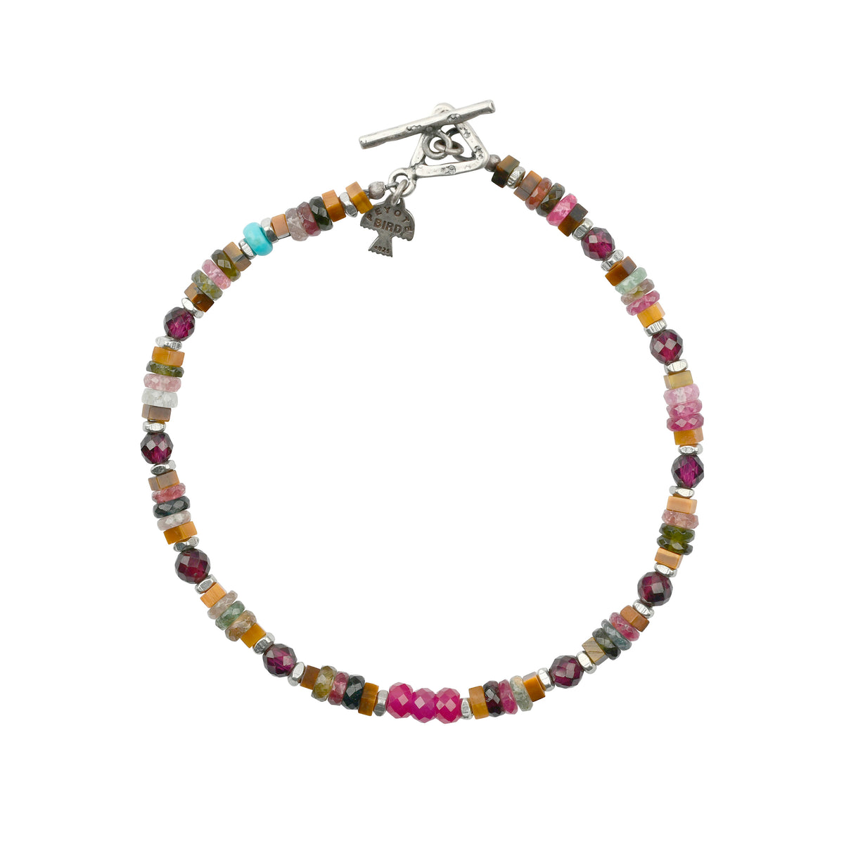 Multicolored beaded bracelet with a sterling silver toggle clasp.