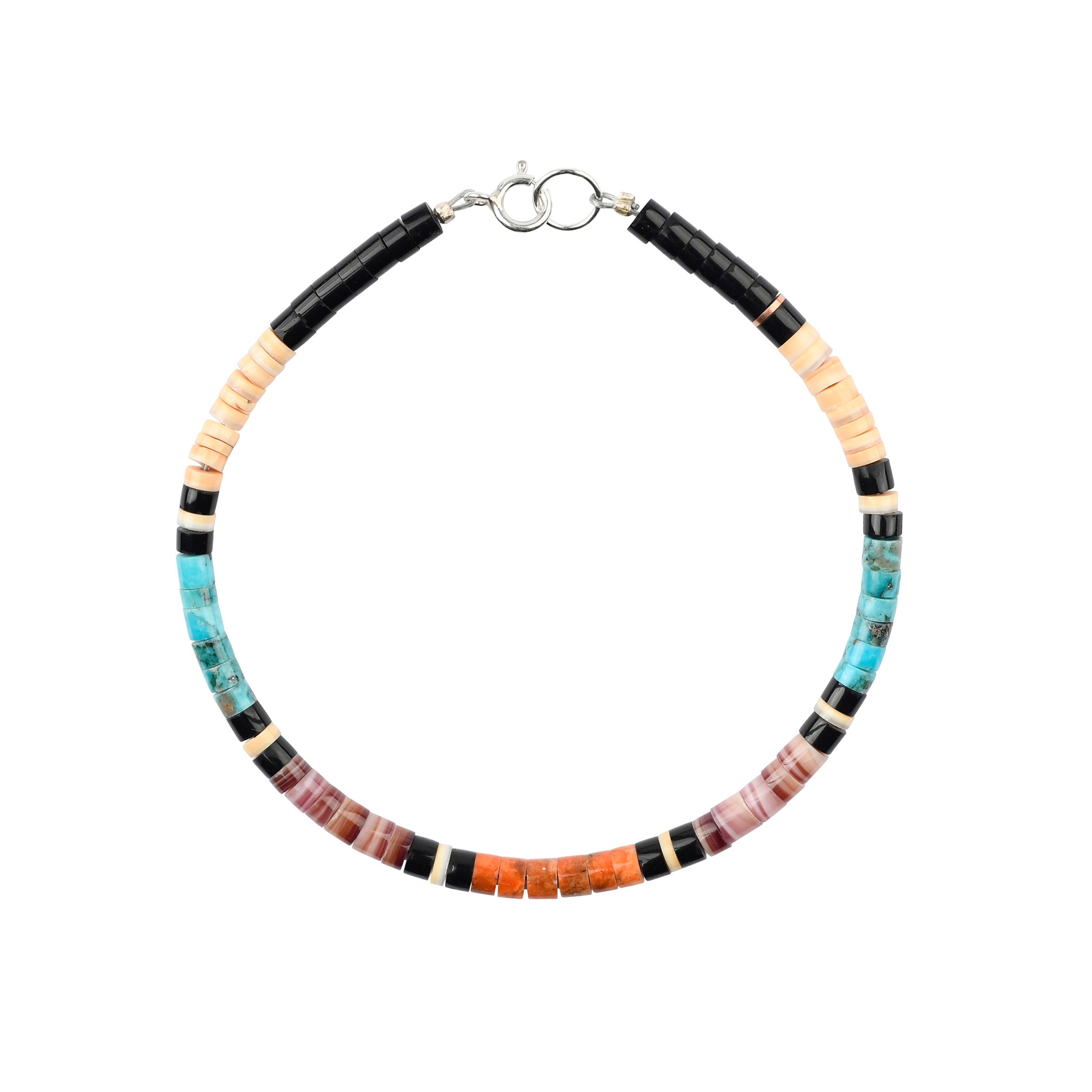 Calabaza Desert Dance bracelet is hand-cut heishi beads comprised of turquoise, melon shell, jet, pink mussel shell and pipestone