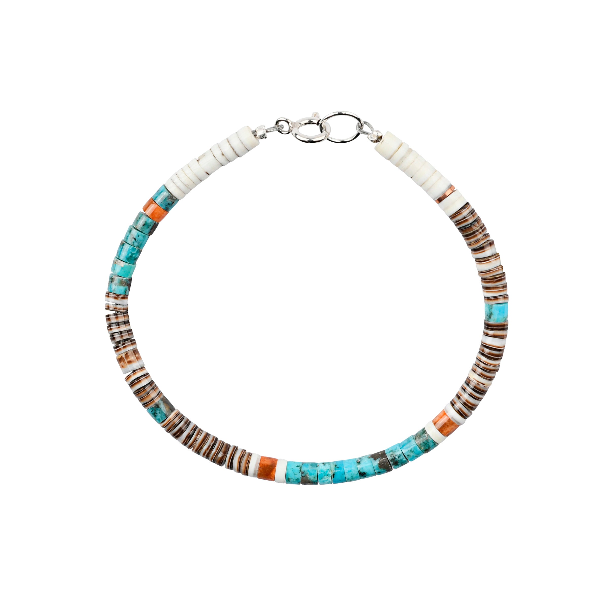 Calabaza Sonoran Sky bracelet is hand-cut heishi beads comprised of turquoise, white clam shell, pipestone and brown lip shell