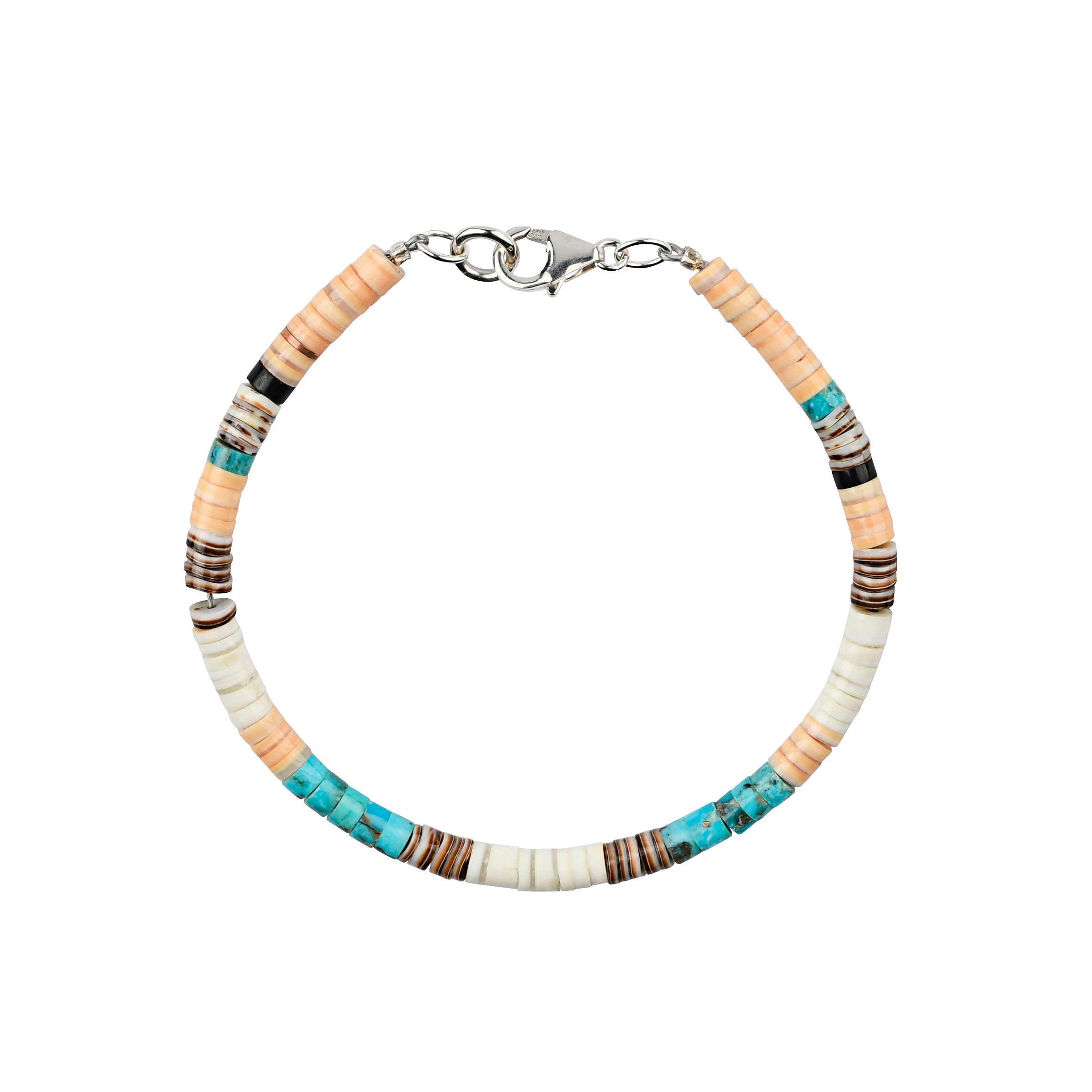 Hand-cut Calabaza bracelet with heishi bracelet composed of turquoise, jet, melon shell, white clam shell and brown lip shell 