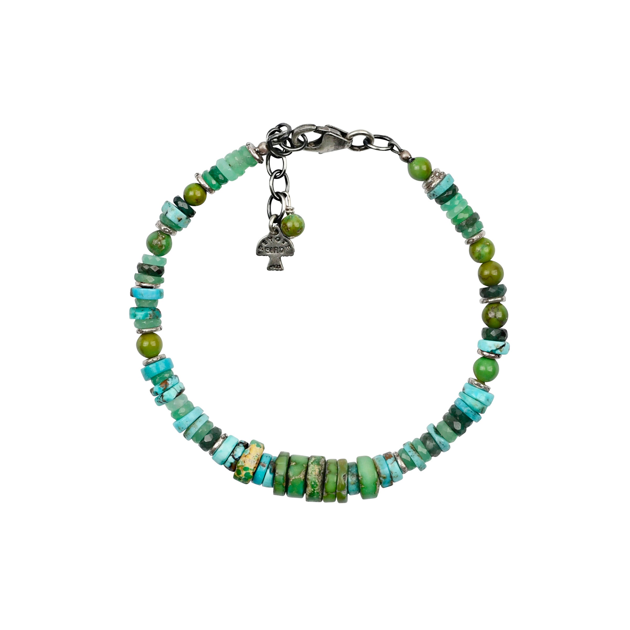 Beaded bracelet with green and bright blue turquoise beads mixed together in heishi and circular styles with sterling silver lobster claw closure and extender chain. 
