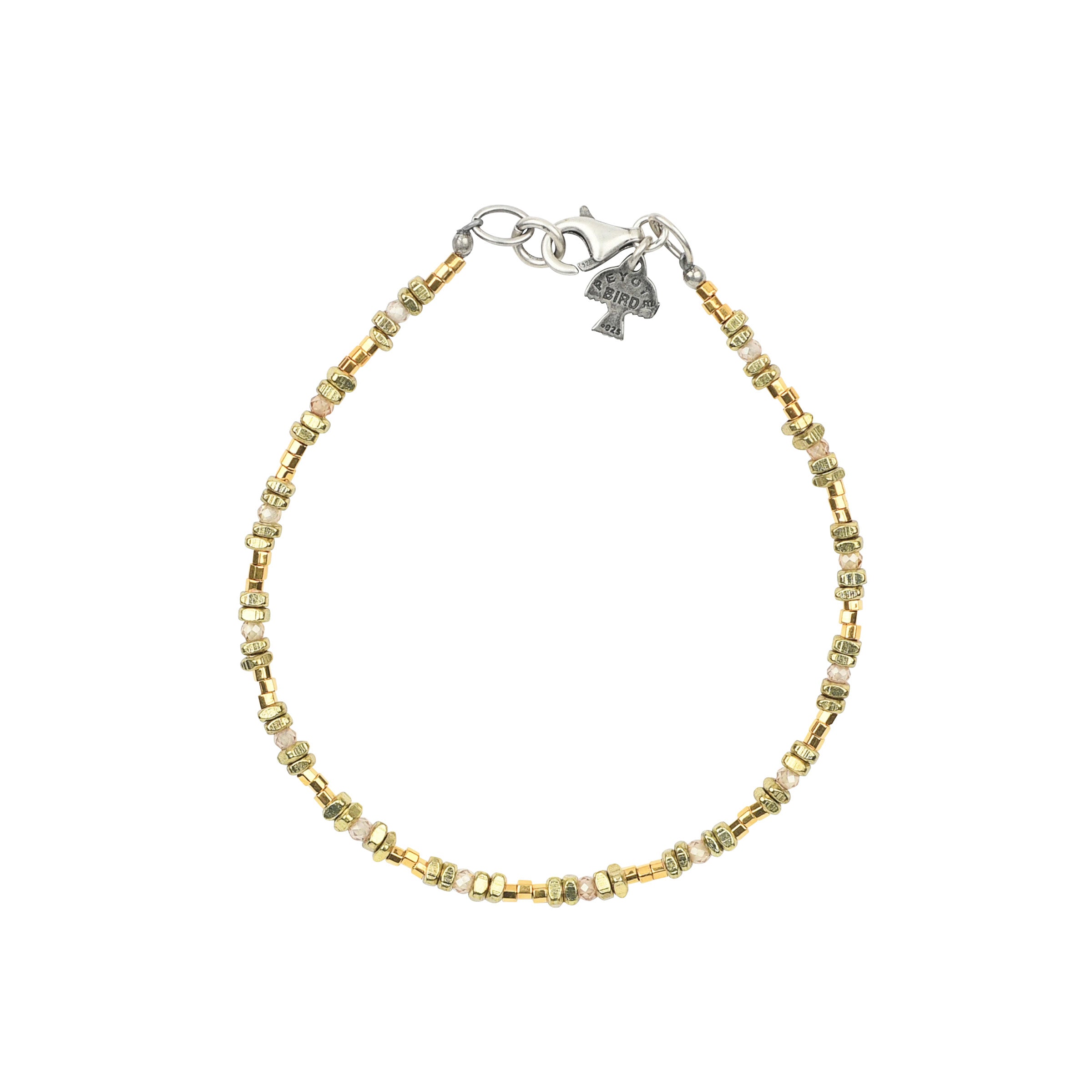 Gold tone beaded bracelet with sterling silver lobster claw clasp. 