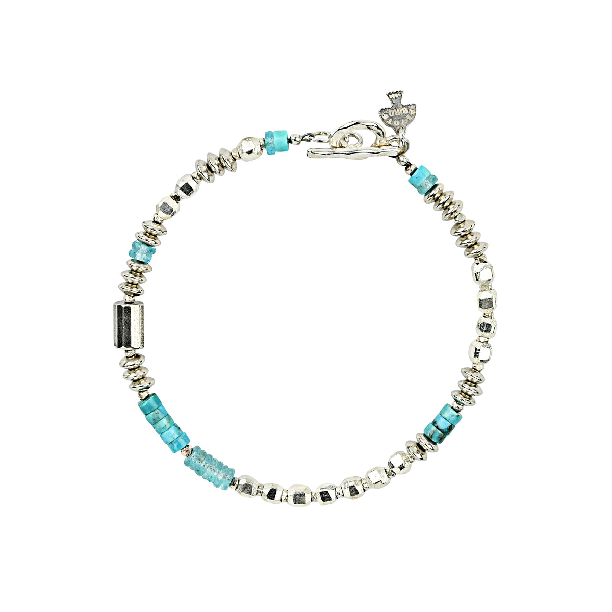 Beaded bracelet with blue turquoise and sterling silver beads and a silver toggle clasp.