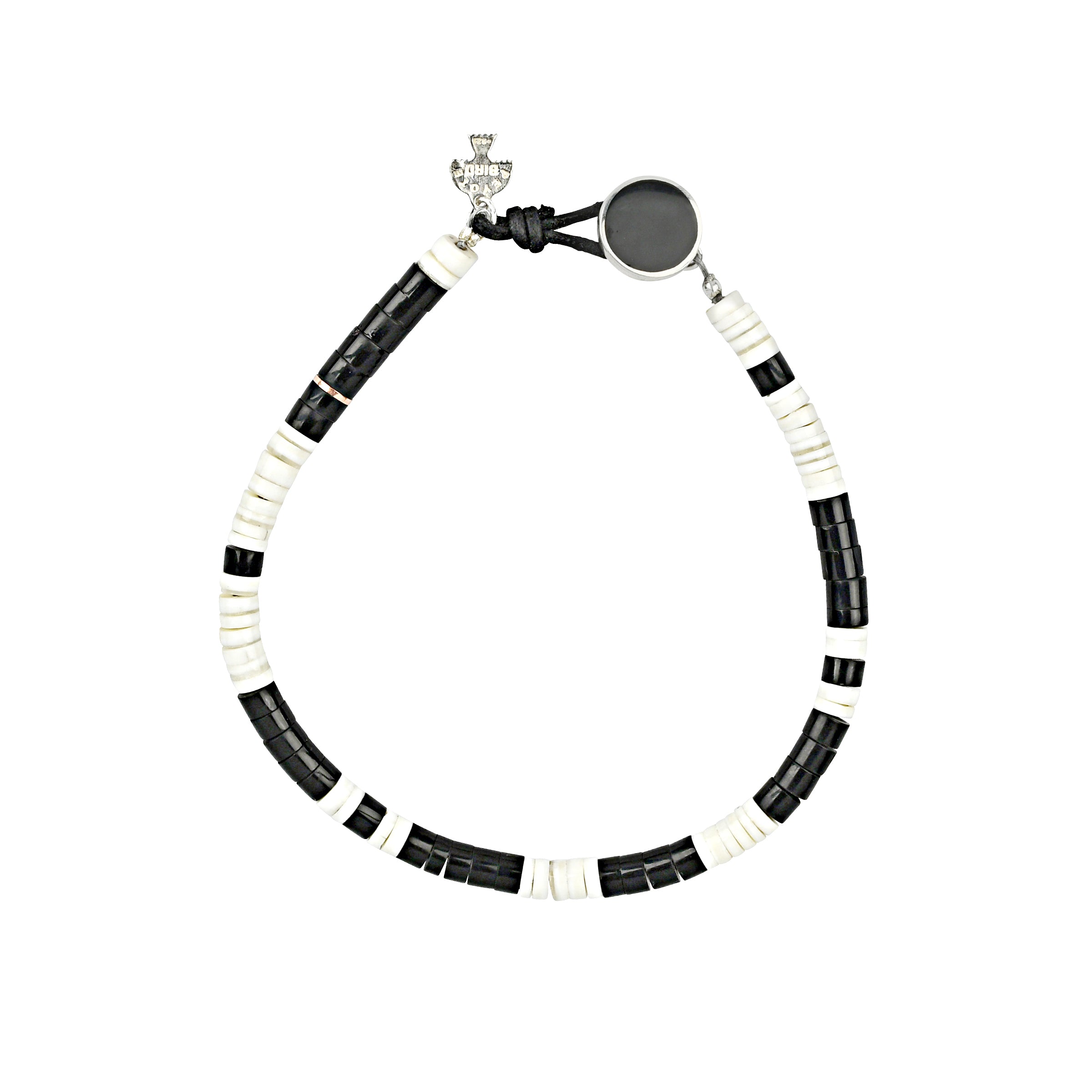 Black and white heishi bead bracelet with black button and button loop