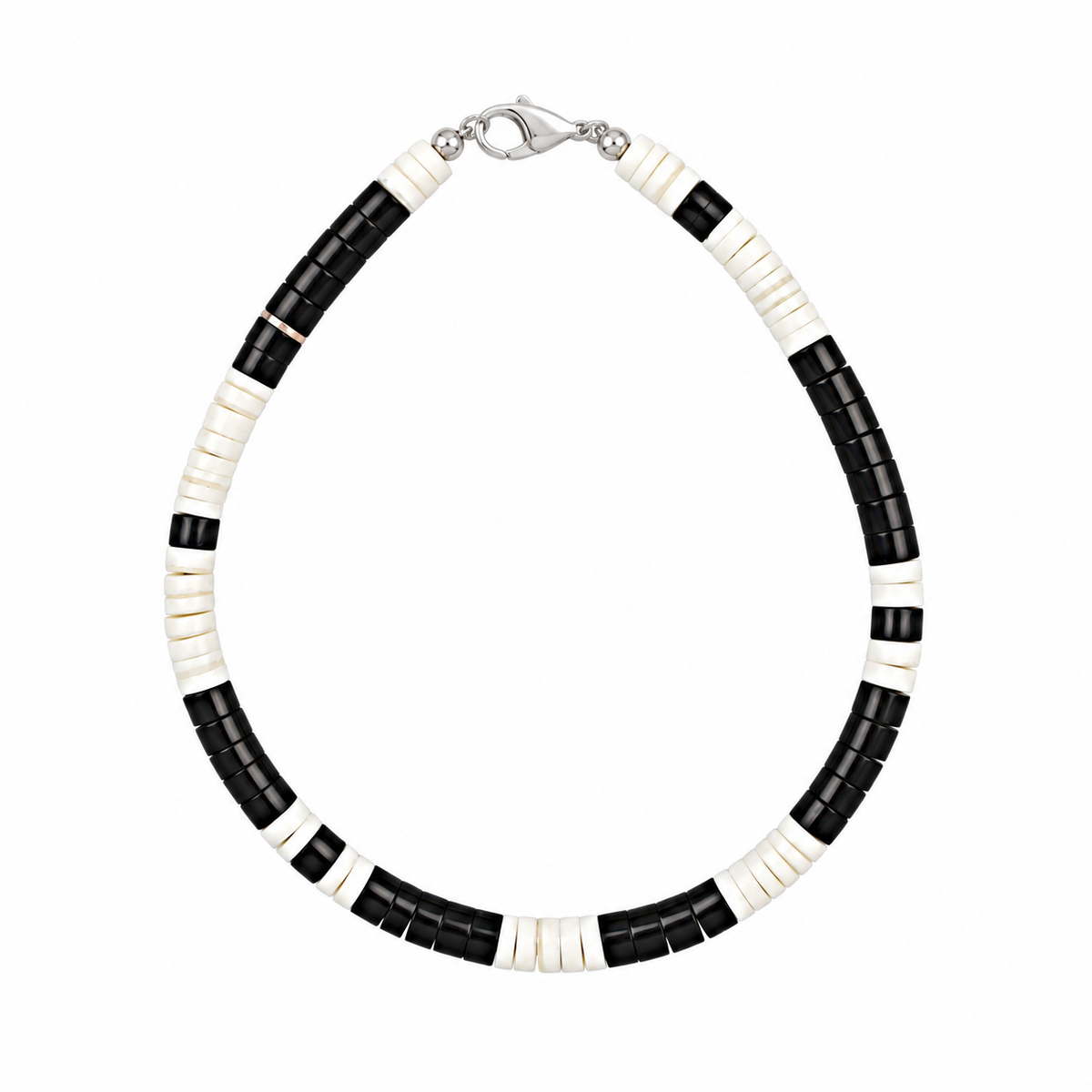 Black and white heishi bead bracelet with sterling silver lobster closure.