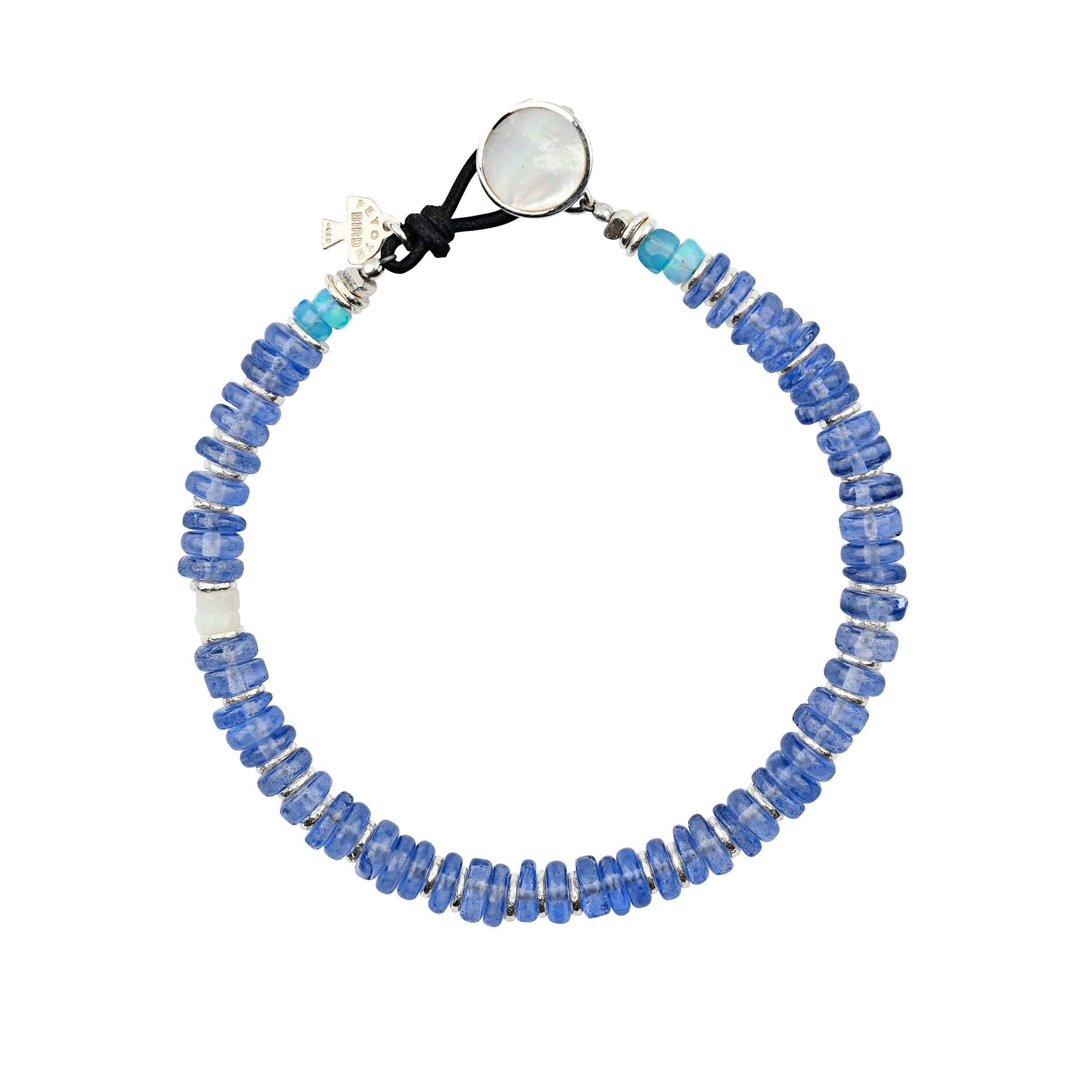 Large scale blue beaded bracelet with mother of pearl button and button loop closure. 