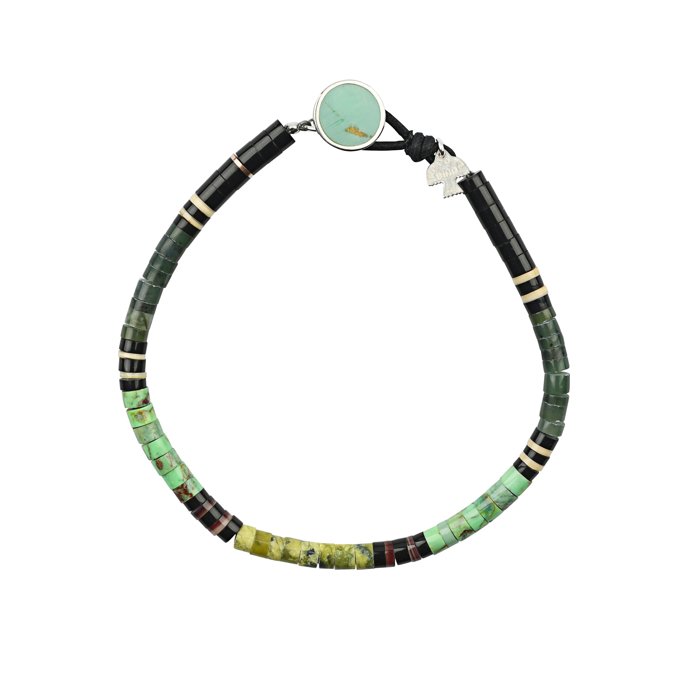 The Orilla Verde Bracelet by the Calabaza's is hand-cut and hand-strung heishi comprised of turquoise, jade, variscite and natural shell. 