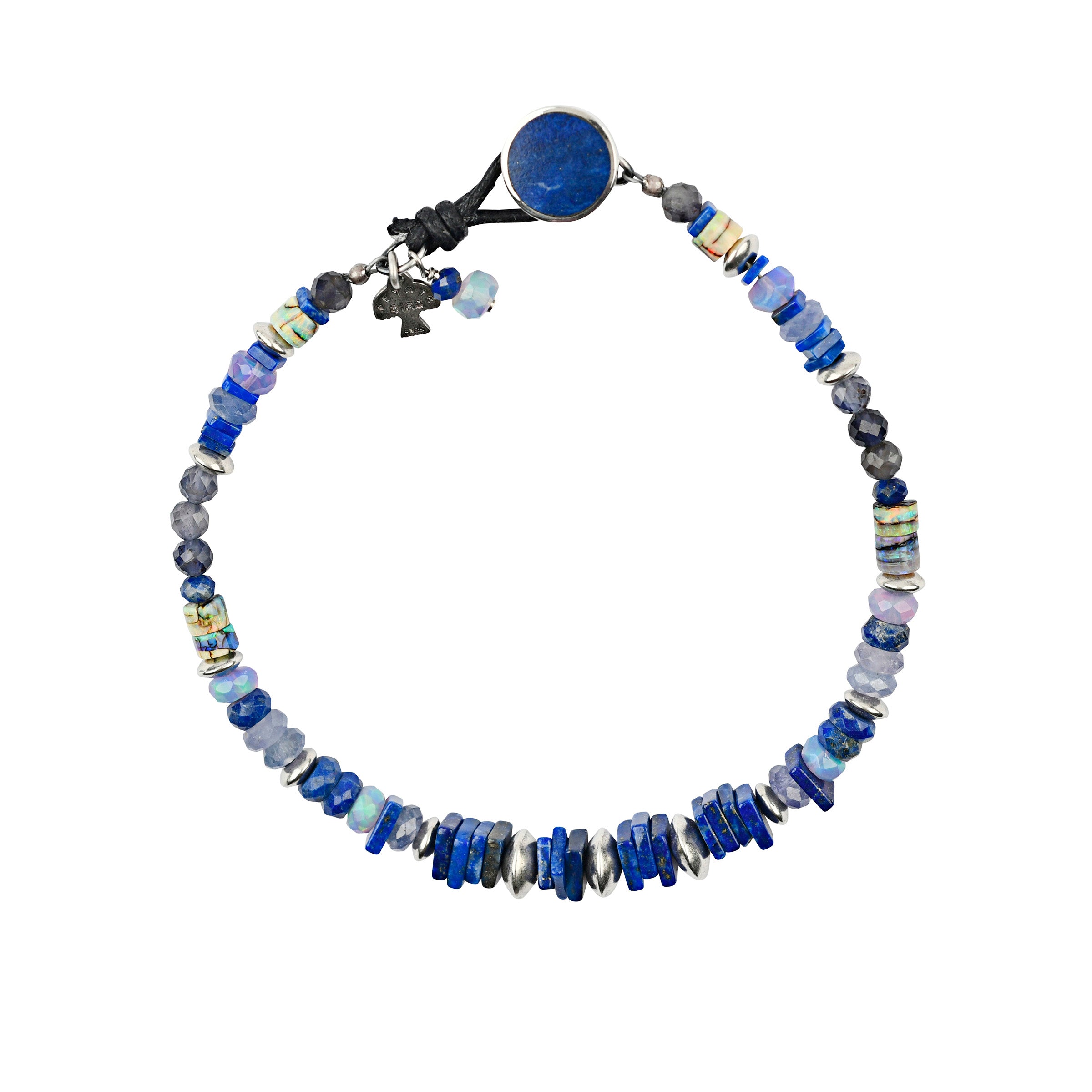 multi stone beaded bracelete in blues dark to light and opal pops of color with lapis button closure. 