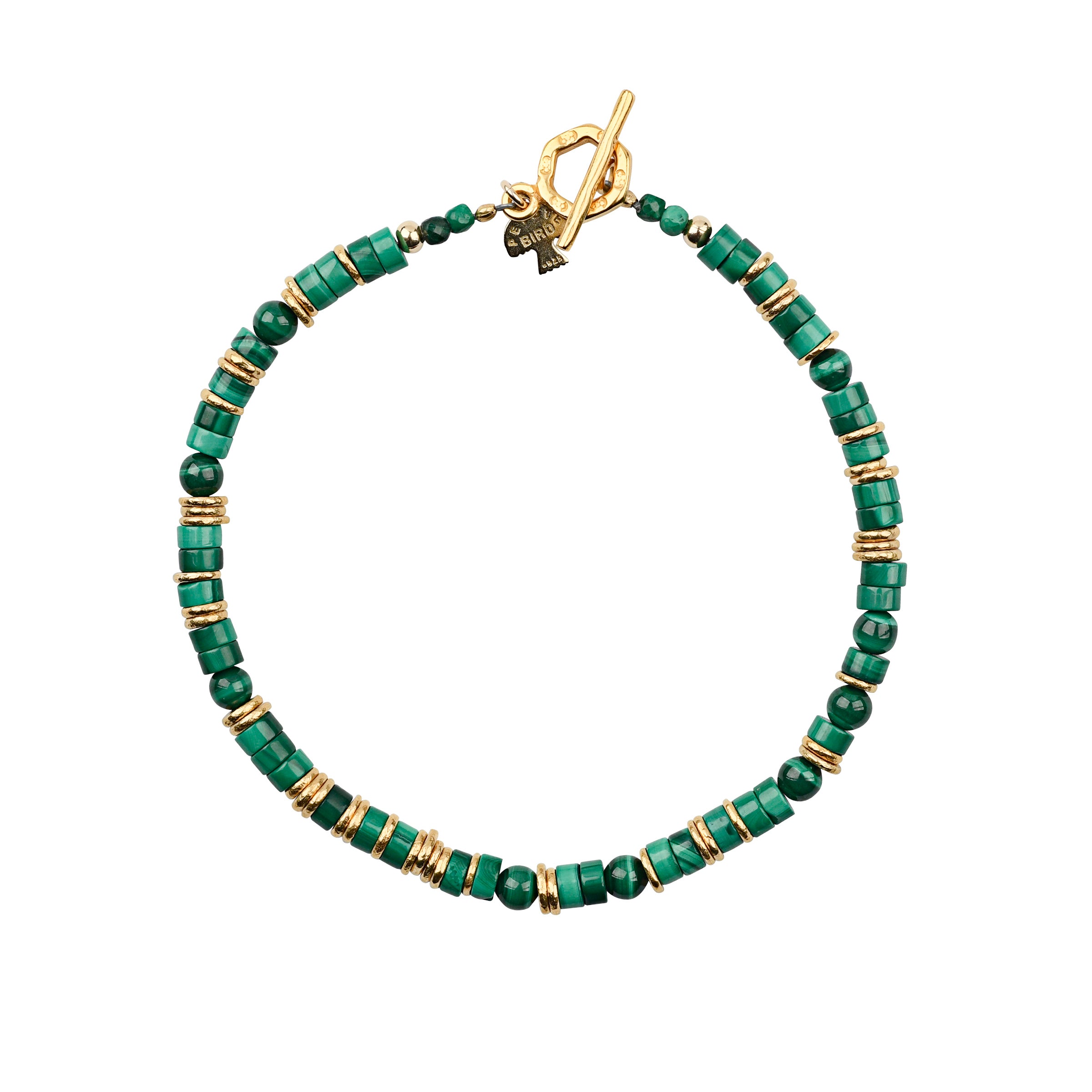 The El Bosque Bracelet is hand-strung with malachite, gold fill and gold plate details