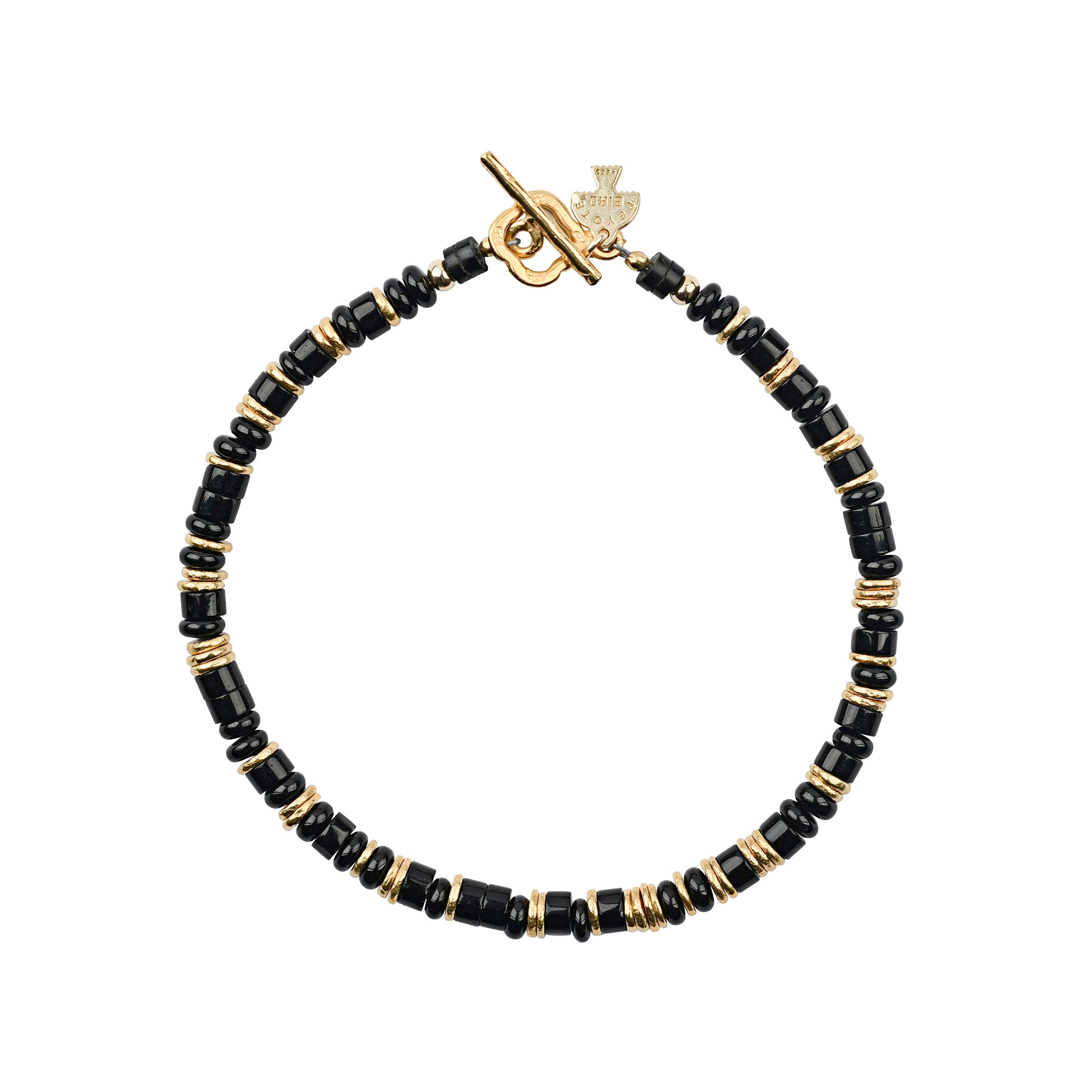 The Onyx Fire bracelet is hand-strung with onyx, jet heishi and 14k gold fill 