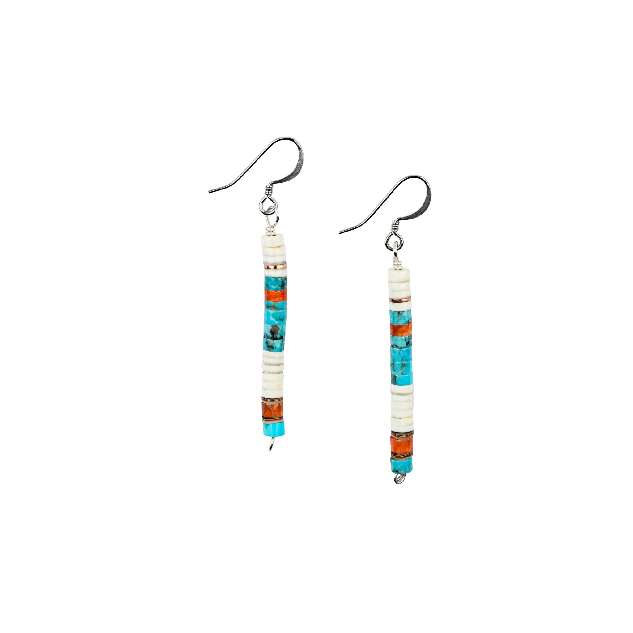 Calabaza Sonoran Sky Drop Earrings hand-cut heishi beads in turquoise, pipestone and white clam shell