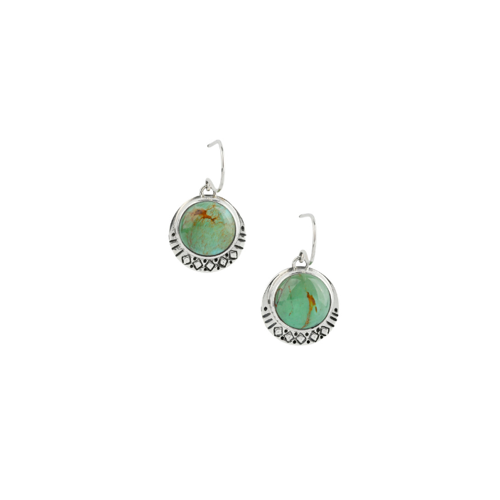 Green Turquoise curcular stone dangle earrings in sterling silver. 