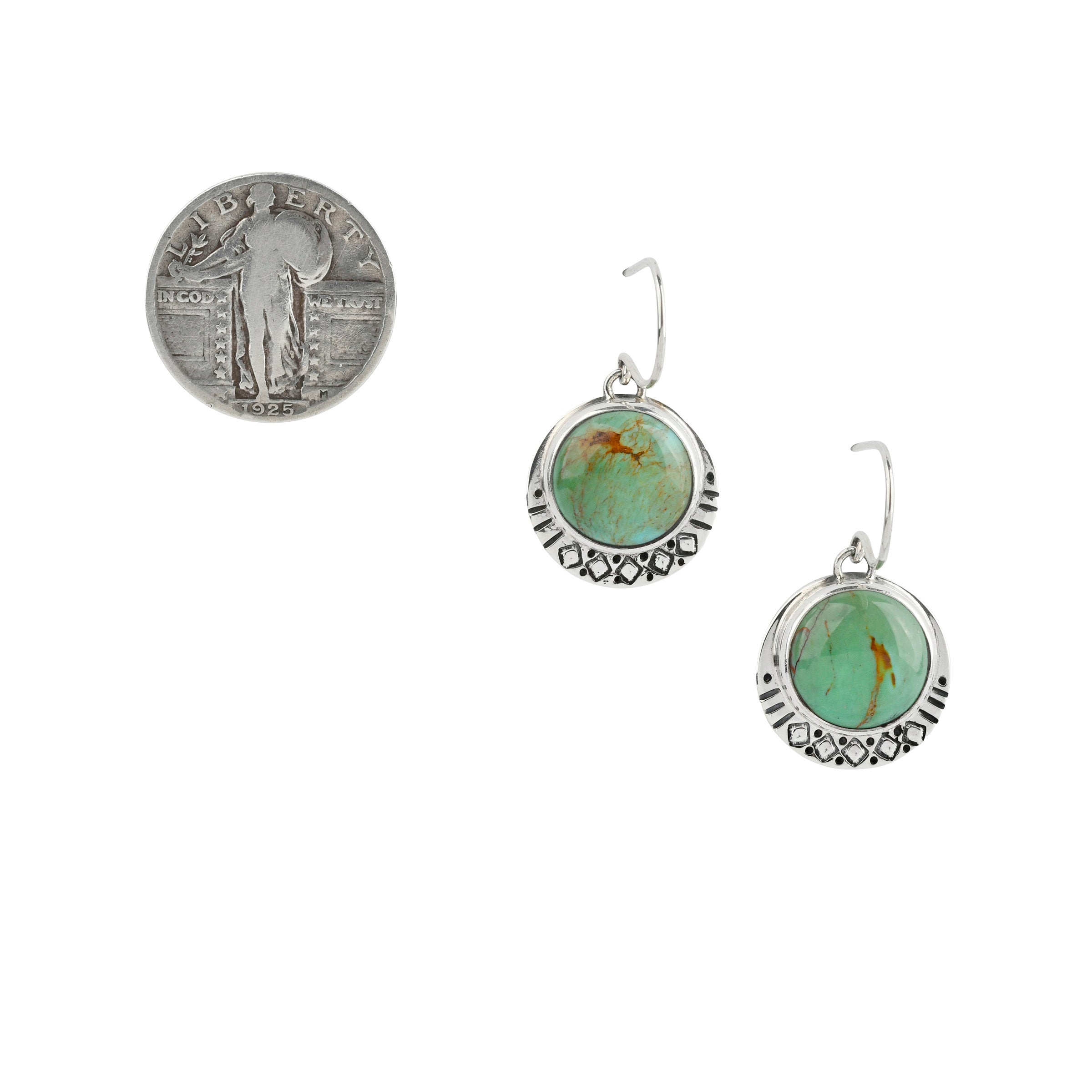 Green Turquoise curcular stone dangle earrings in sterling silver next to coin for scale.  