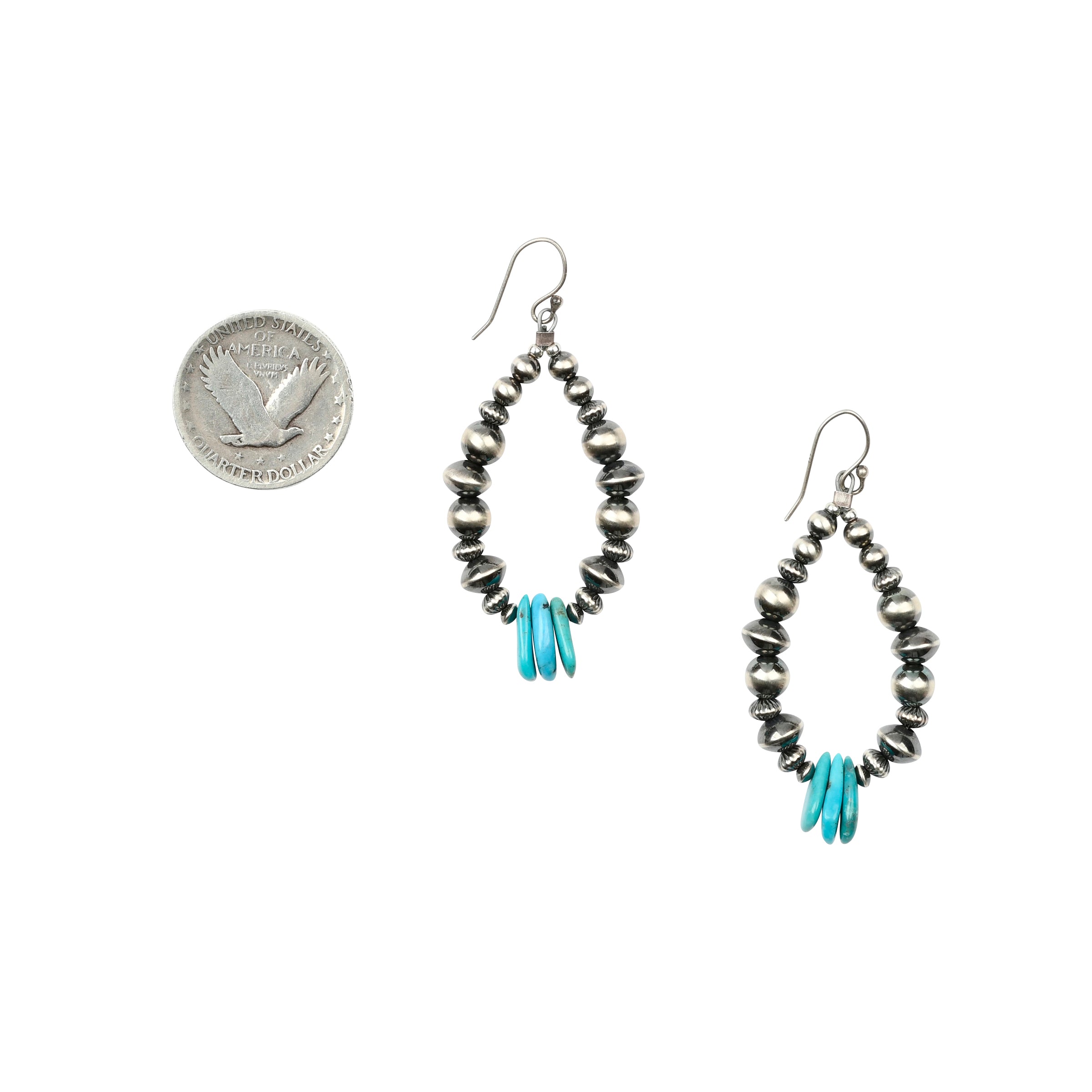Sterling silver beads in loop earring with turquoise tab focal point at bottom and sterling silver ear wires. 