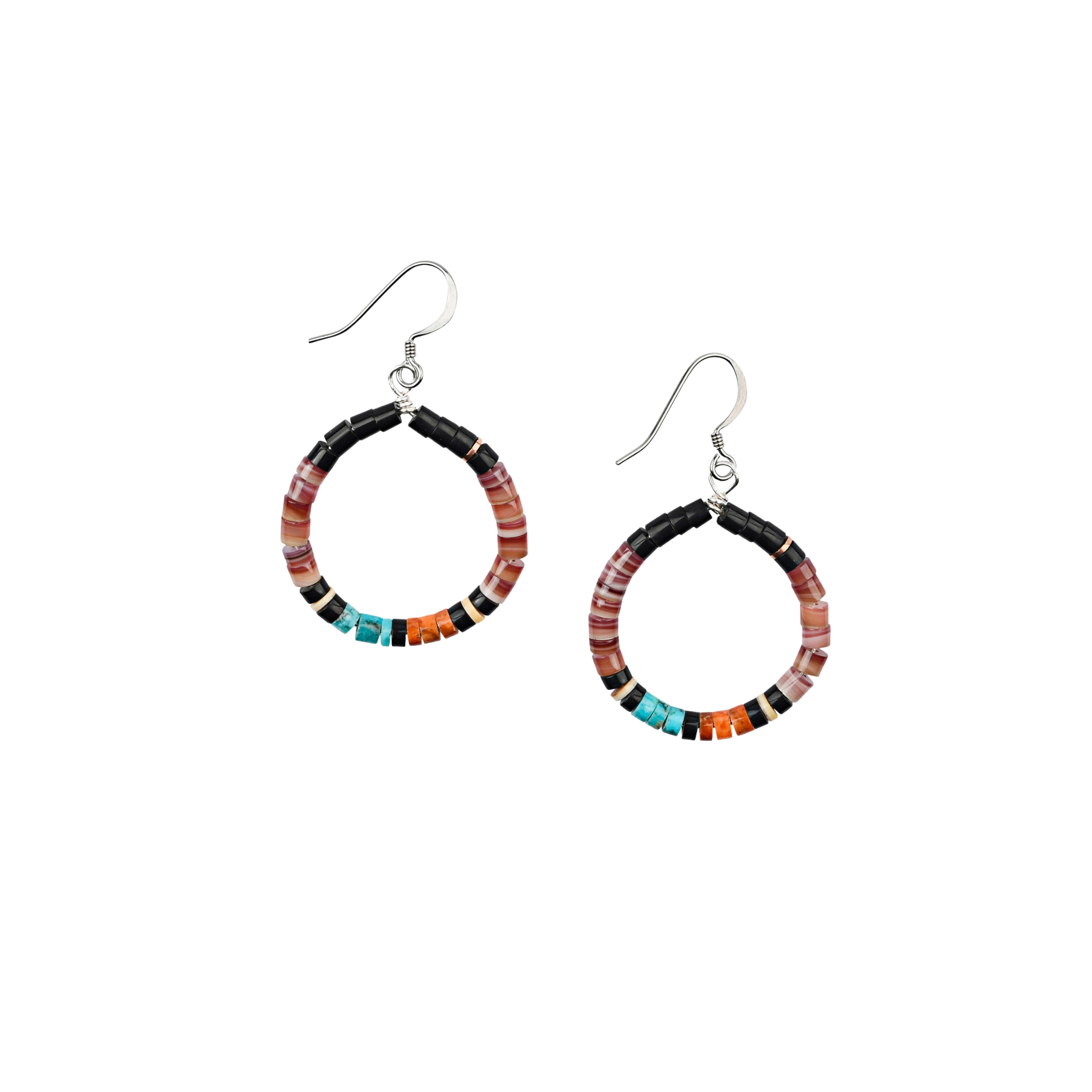Calabaza Ancient Tides Hoop Earrings composed of hand-cut heishi beads with turquoise, pipestone, pink mussel shell and melon shell
