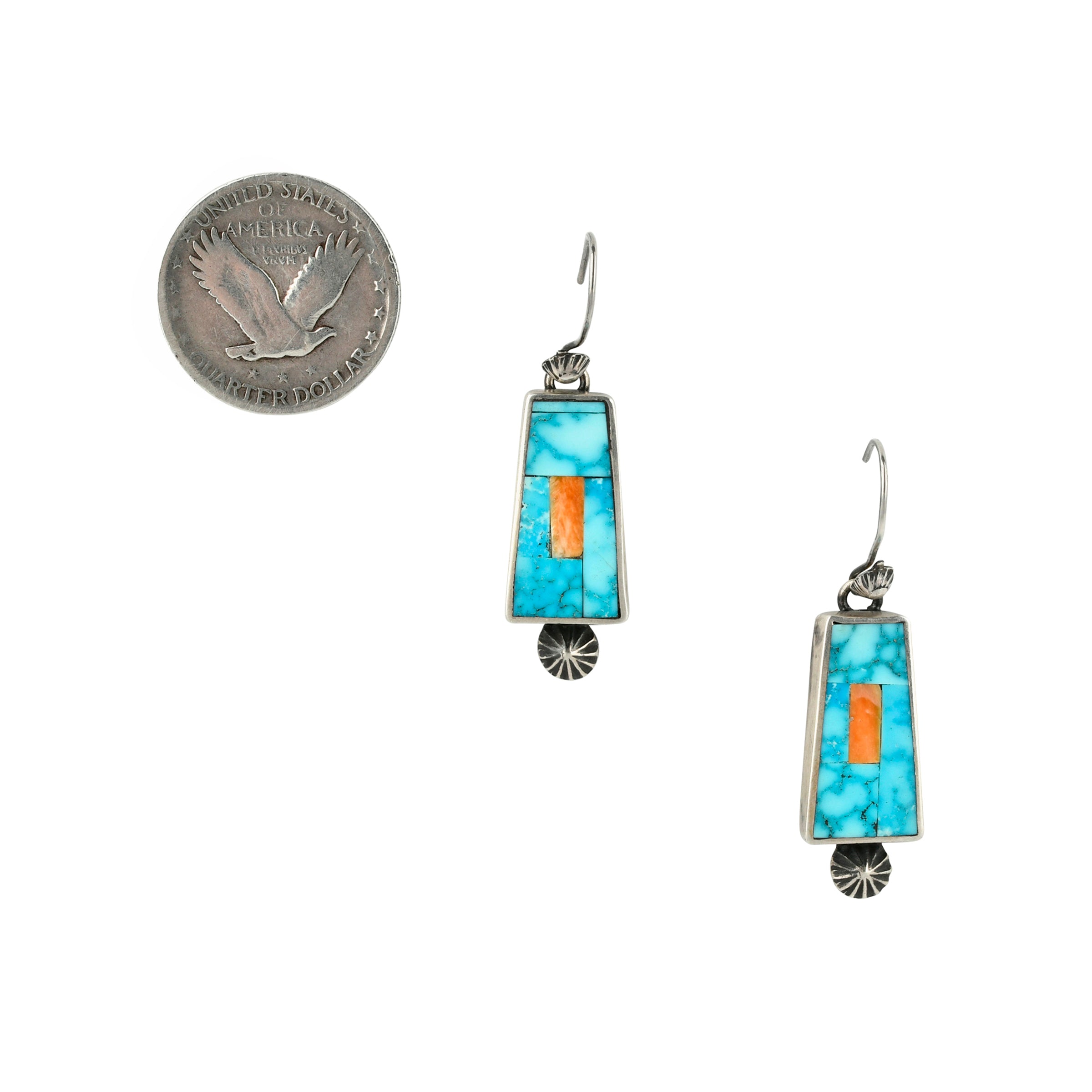 handmade turquoise and coral dangle earrings on sterling silver