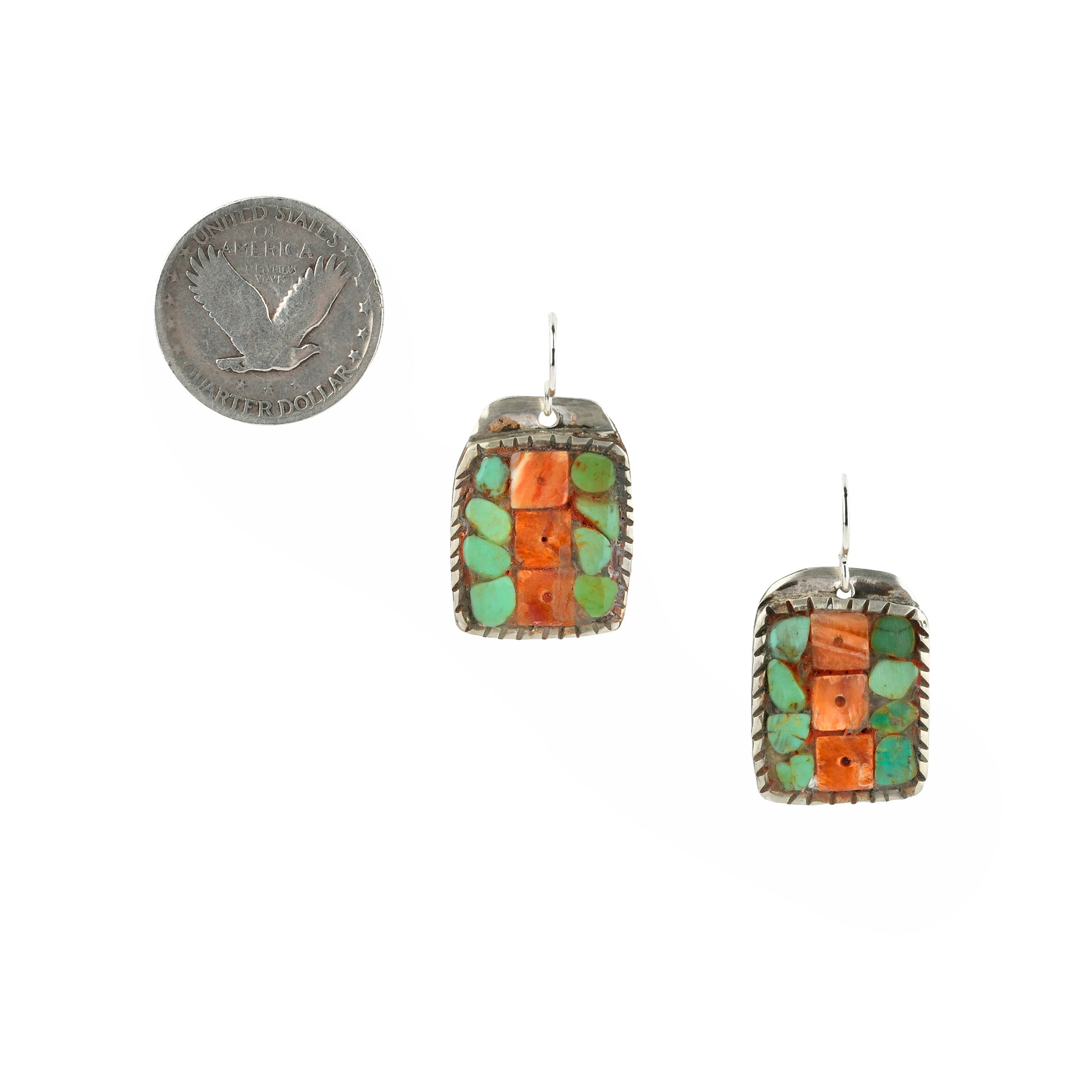 peyote bird handmade green turquoise and coral inlay earrings