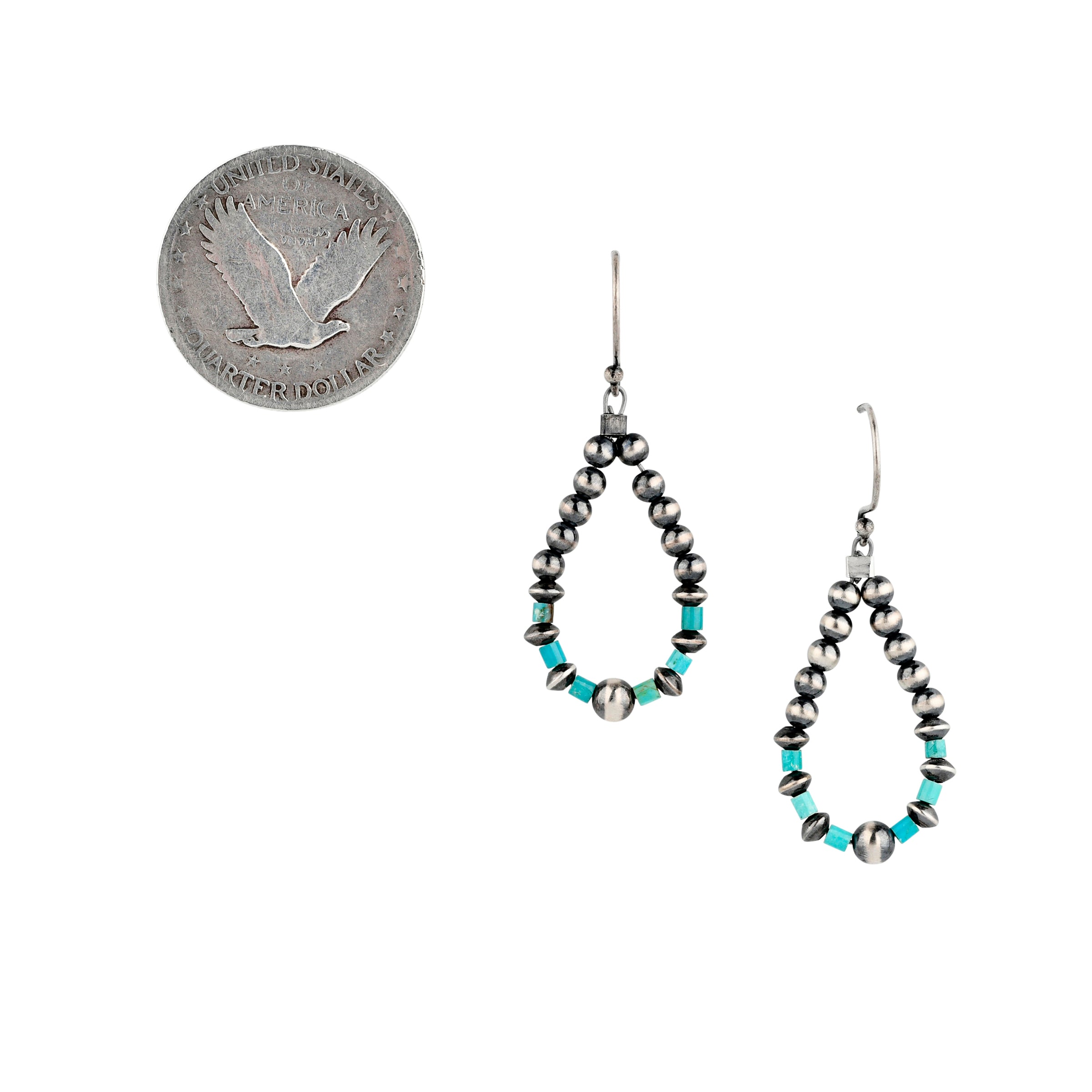 Hand strung desert pearl hoop with turquoise beads next to coin for scale