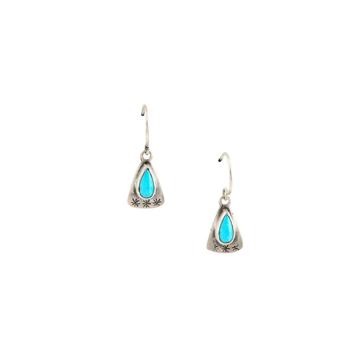 Sterling silver dangle earrings that are diamond shaped with tear drop blue turquoise stones. 