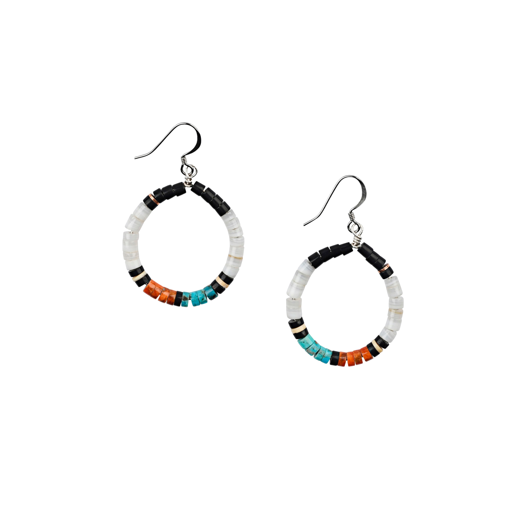 Calabaza Equilibrium earrings are hand-cut heishi bead hoops earrings composed of turquoise, white clam shell, jet and pipestone