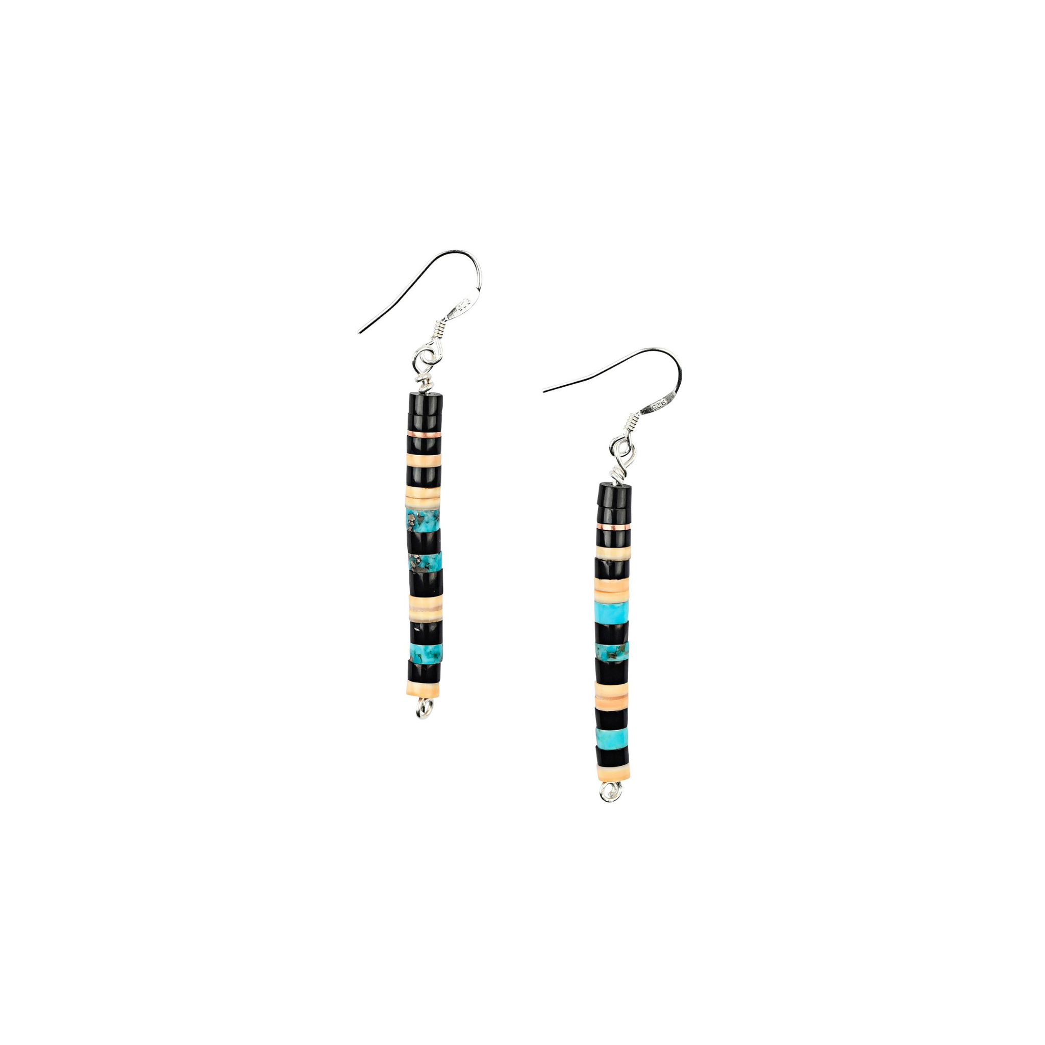 Calabaza Canyon Shadow Drop Earrings are hand-cut heishi beads of jet, melon shell and turquoise