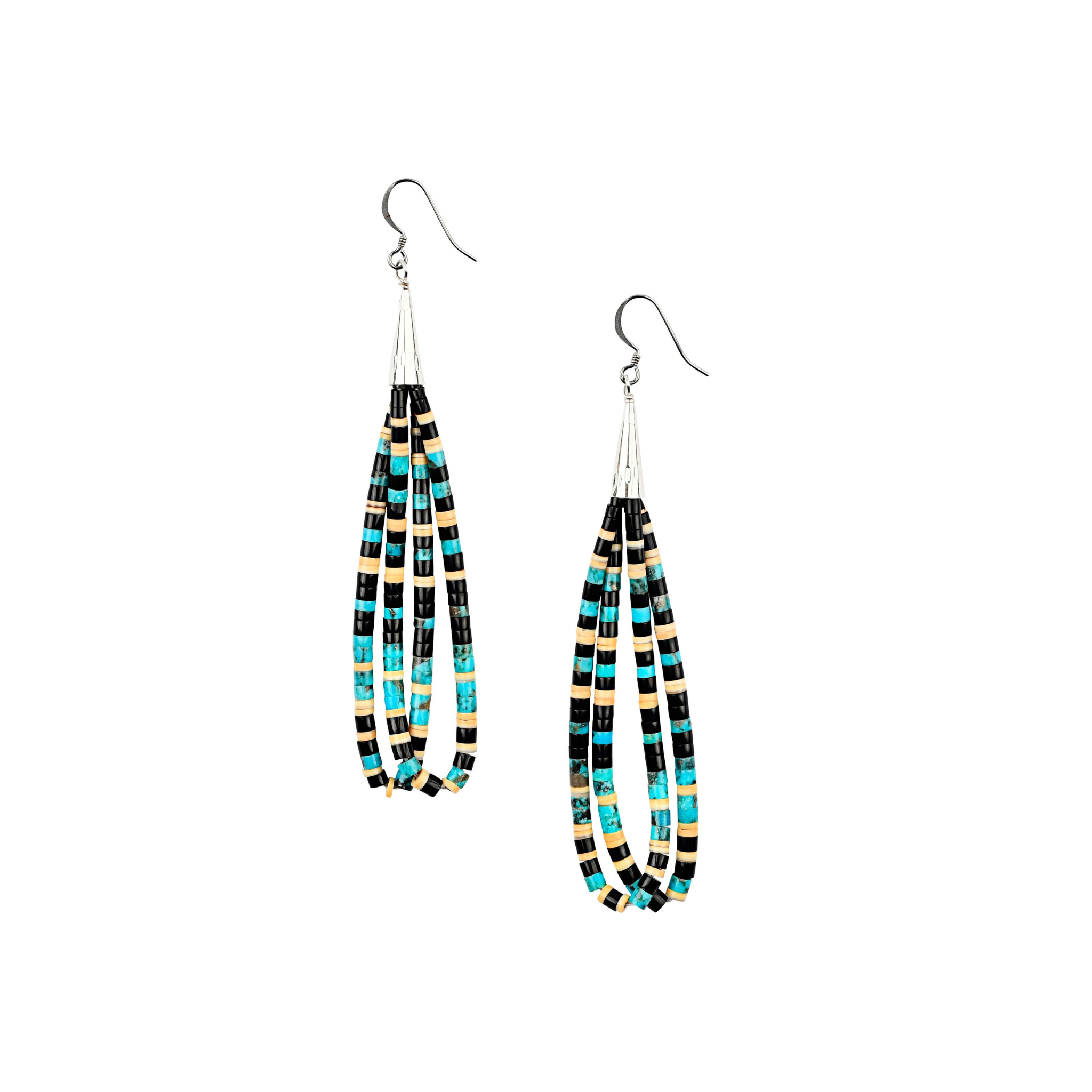 Calabaza Caynon Shadow hand-cut heishi bead double hoop earring comprosed of melon shell, jet and turquoise