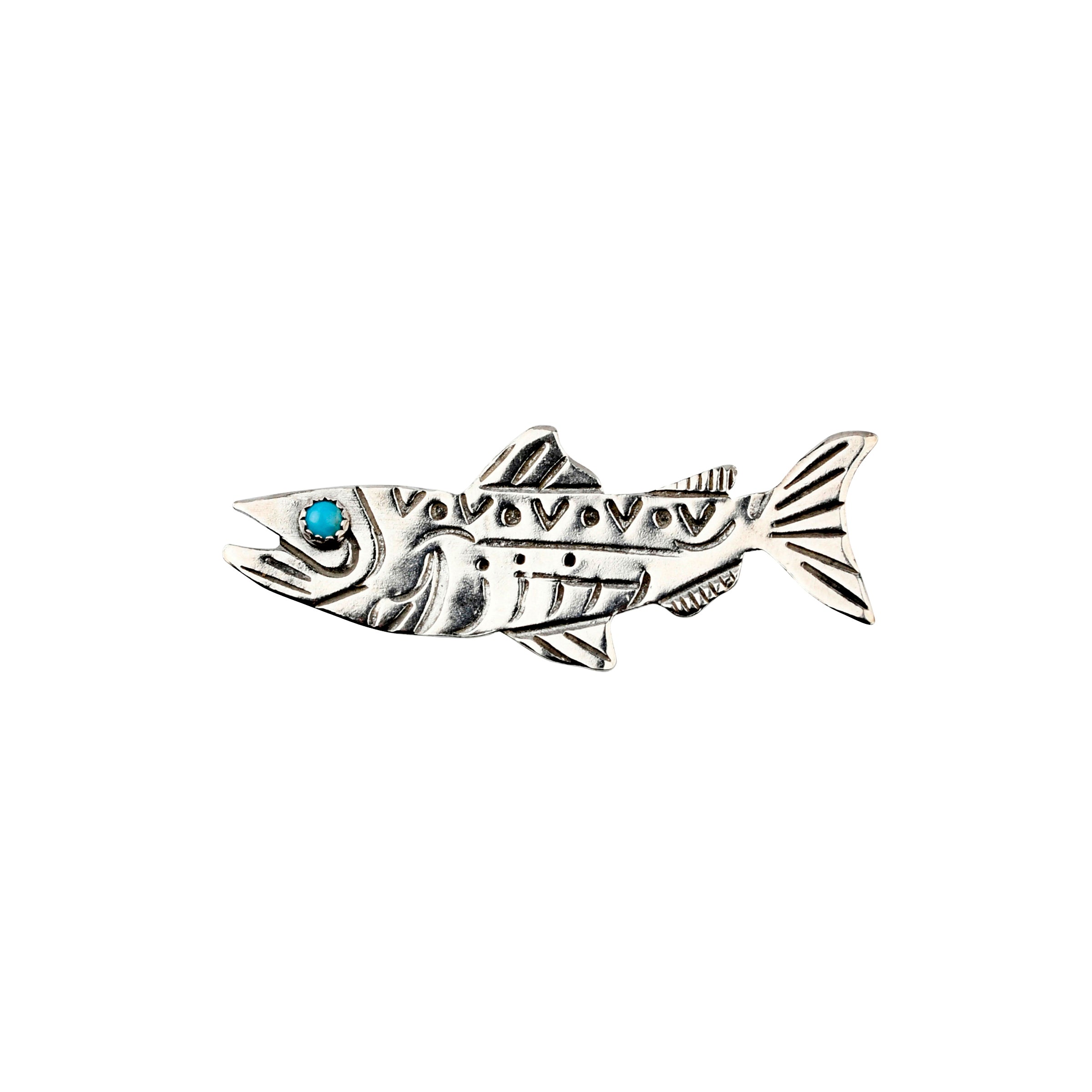 Artisan salmon pin with blue turquoise handcrafted by Joe Eby