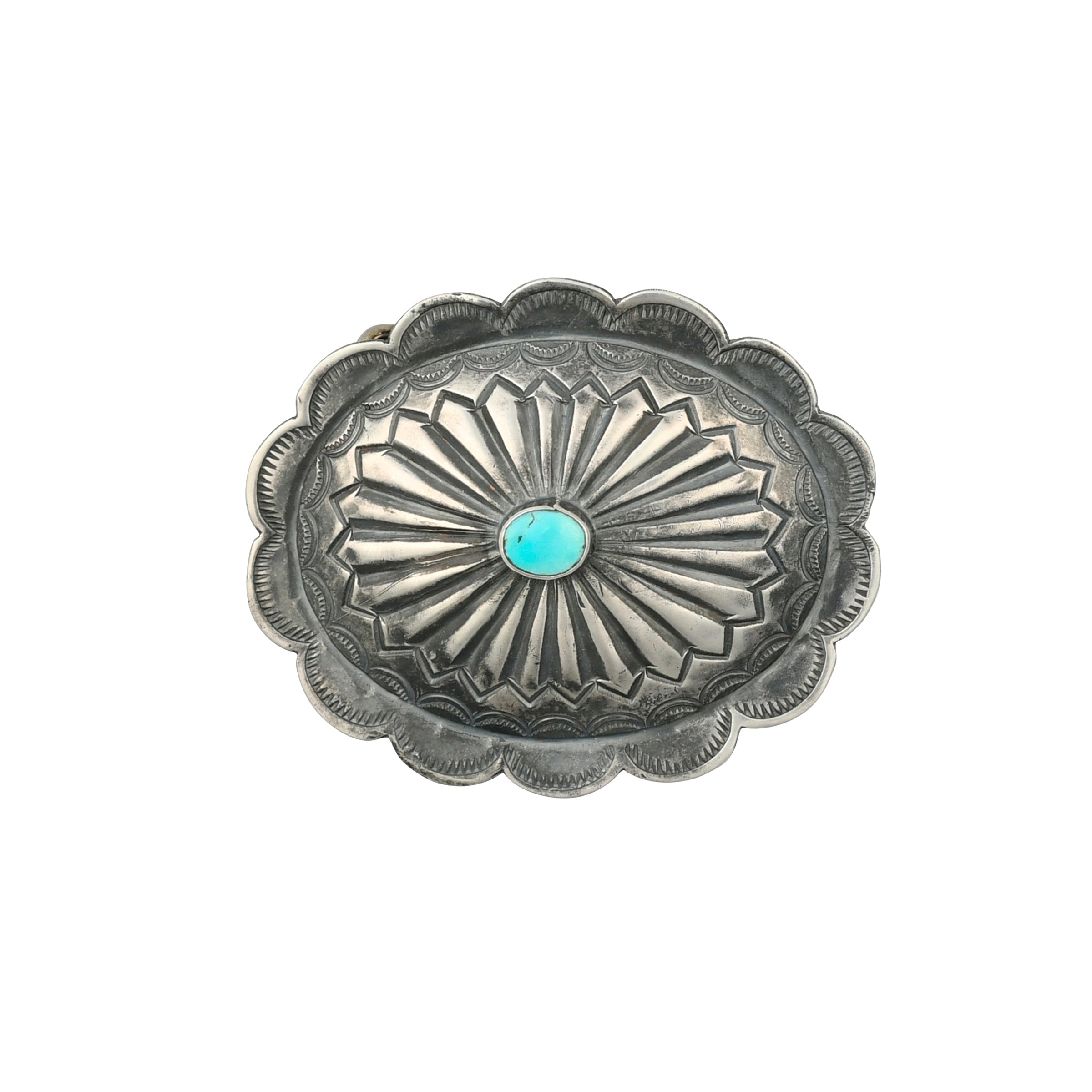 Oval shapped silver stamped belt buckle with one center turquoise stone and scalloped edges. 