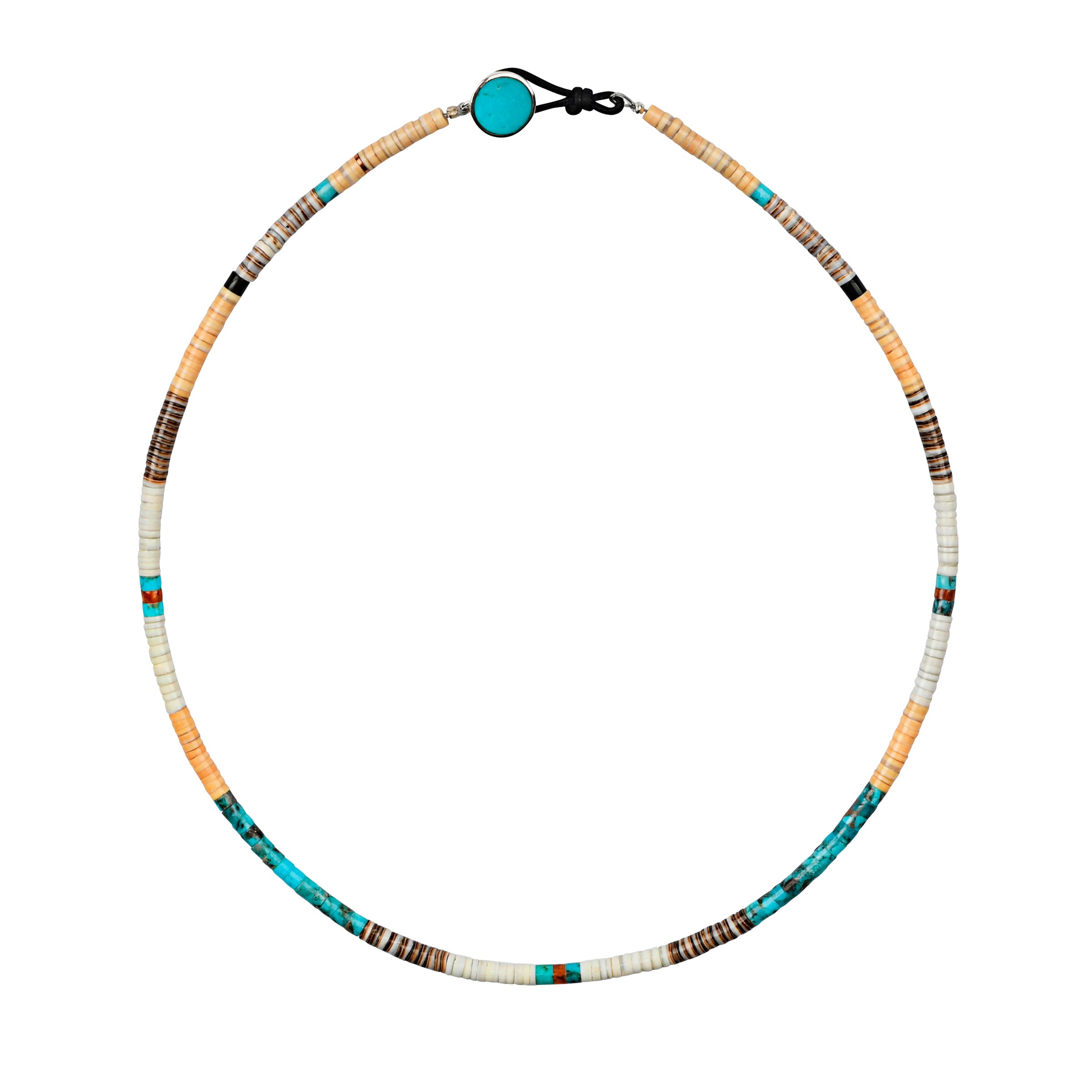 Calabaza Horizon Necklace with Heshi beads in turquoise, pipestone, shell and jet