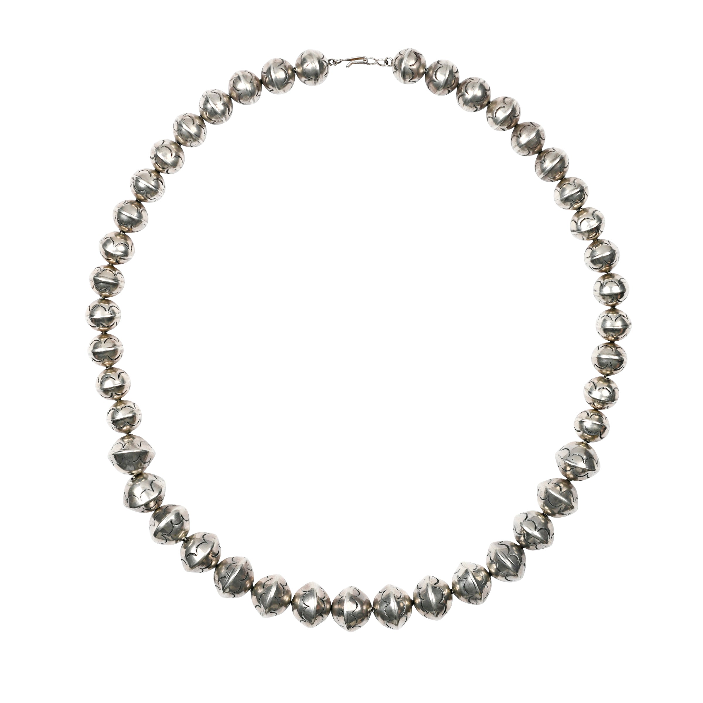 Vintage Navajo sterling silver bead necklace featuring handcrafted round silver beads in a classic Southwestern Native American design. 
