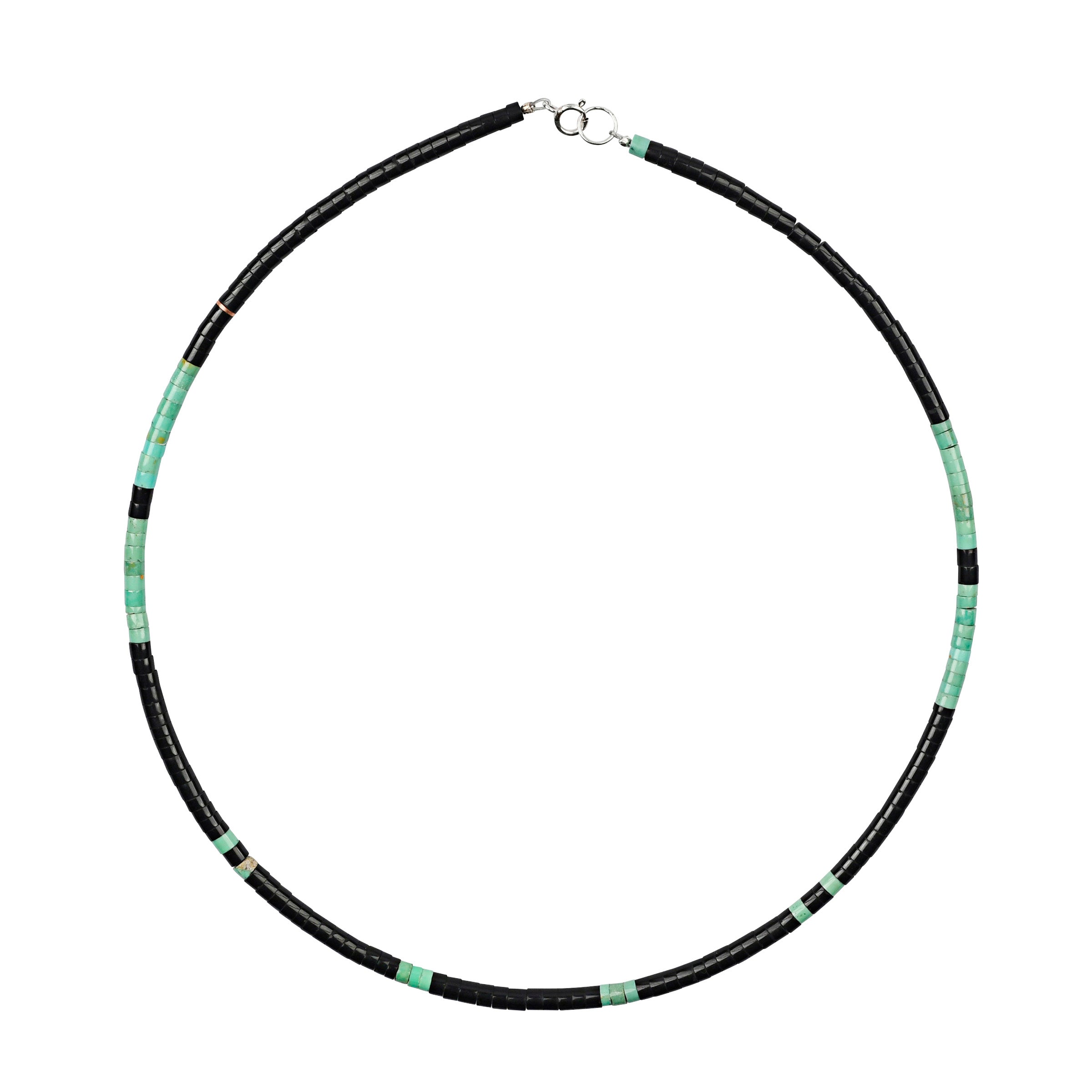 Secret Spring Necklace, hand-cut and hand-strung jet and turquoise heishi bead necklace by the Calabaza's 