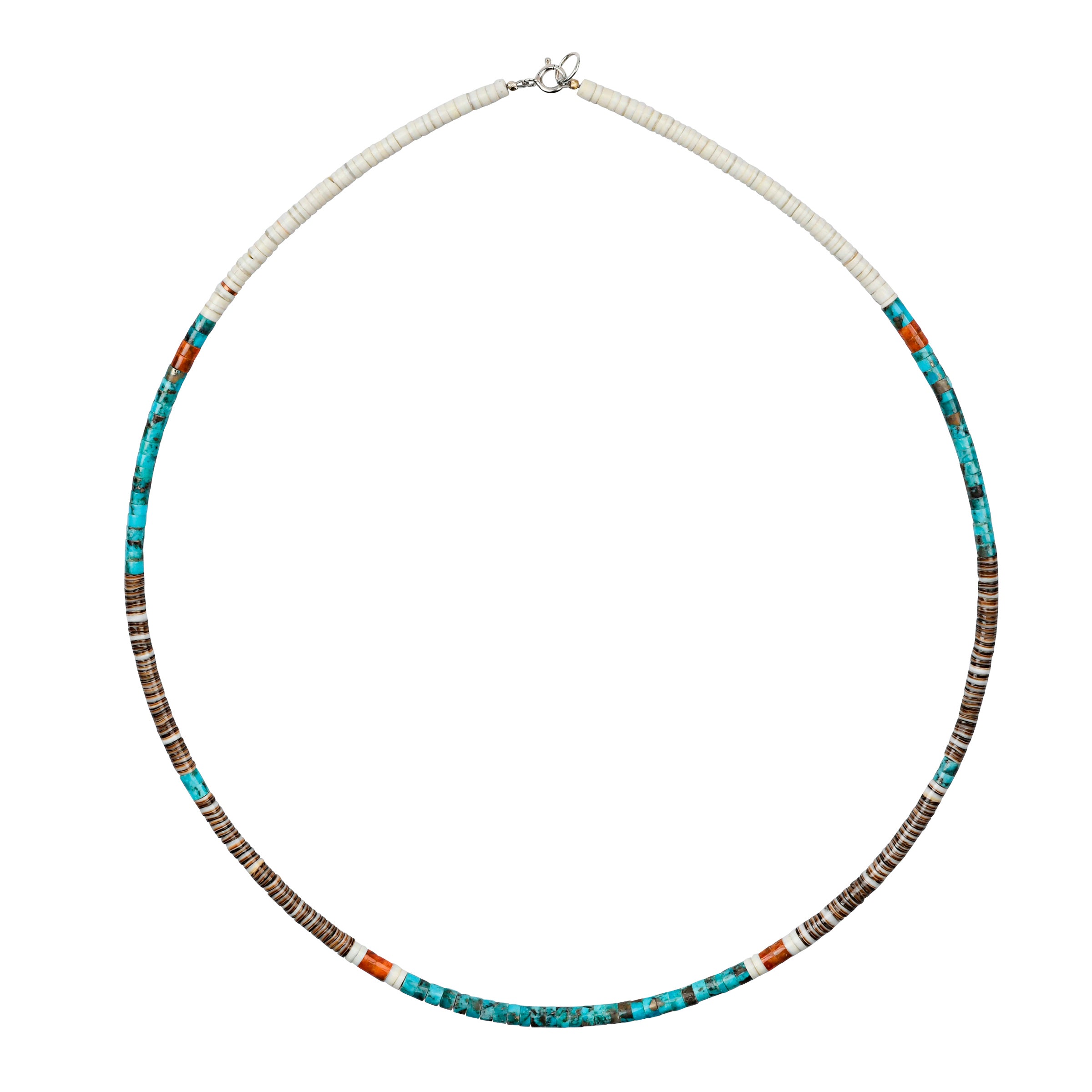 Sonoran Sky necklace by the Calabaza's hand strung with turquoise, brown and white shell, and pipestone heshi beads