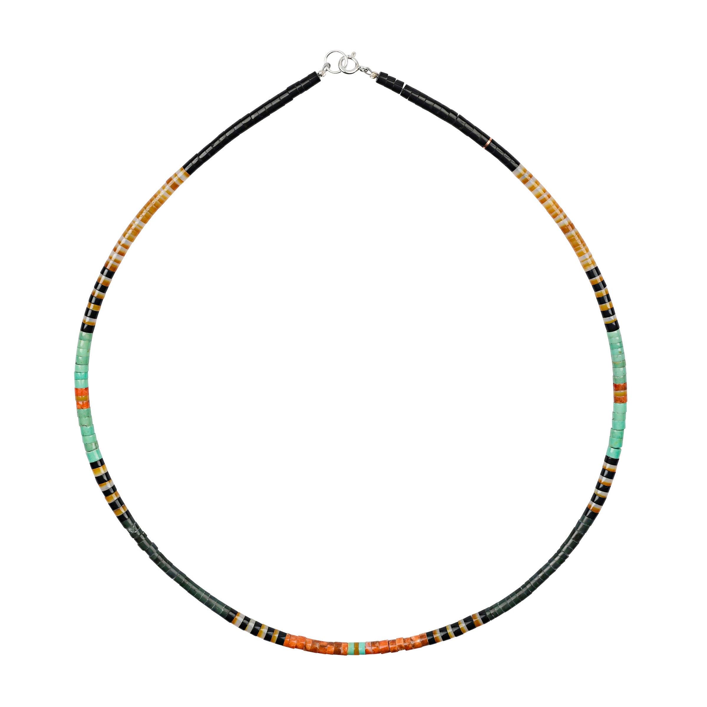 Calabaza hand-cut and hand-strung heishi bead necklace of green turquoise, jet, brown lip shell and pipestone