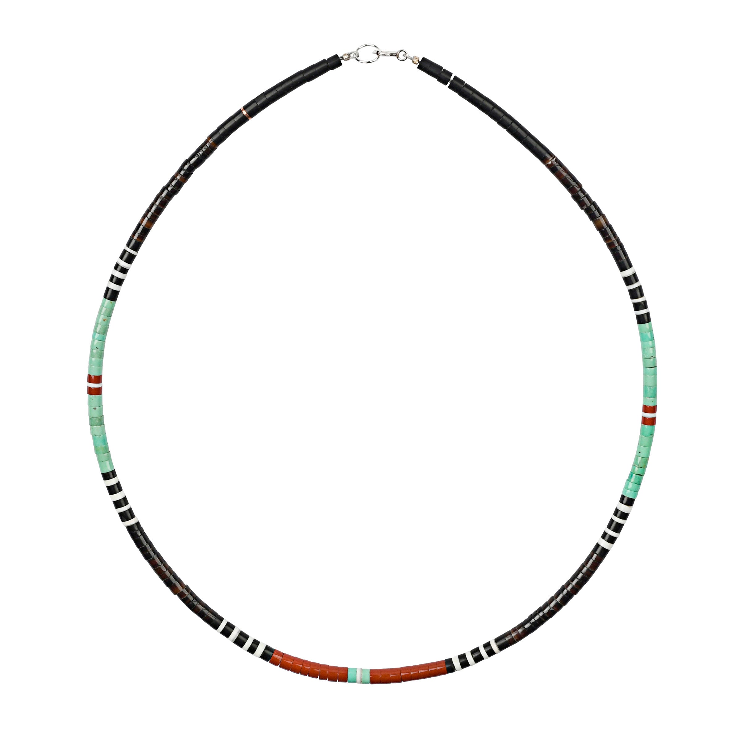 Calabaza Rayas hand-cut and strng heishi bead necklace of green turquoise, white clam shell, jet and pipstone